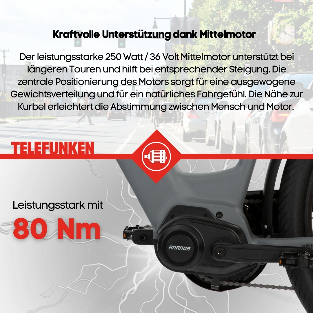 Elektrofahrrad und Textüberlagerung, mit Straßenhintergrund.