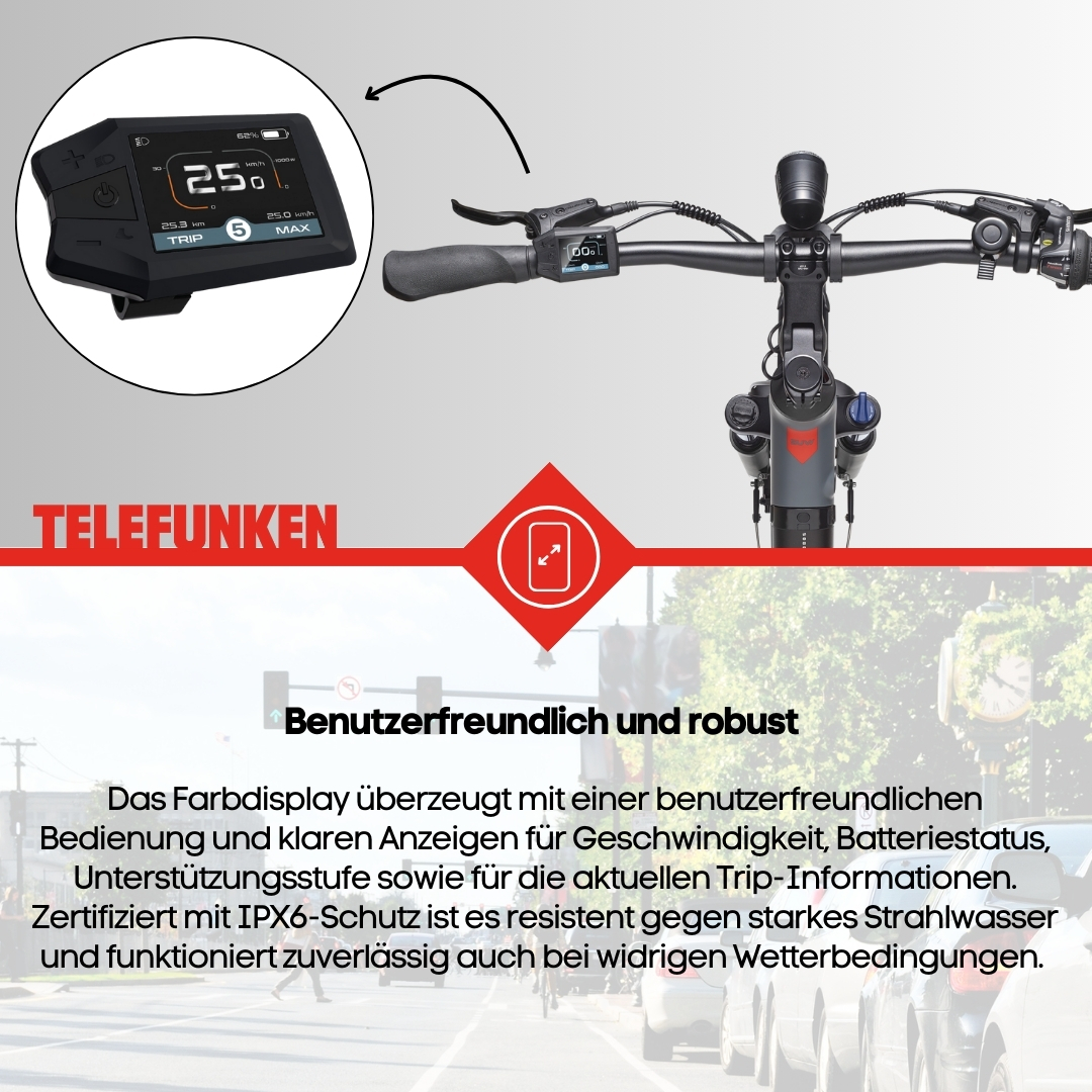 Schwarzer Elektroroller mit Digitalanzeige. Text lautet 'Telefunken' und 'Benutzerfreundlich'.
