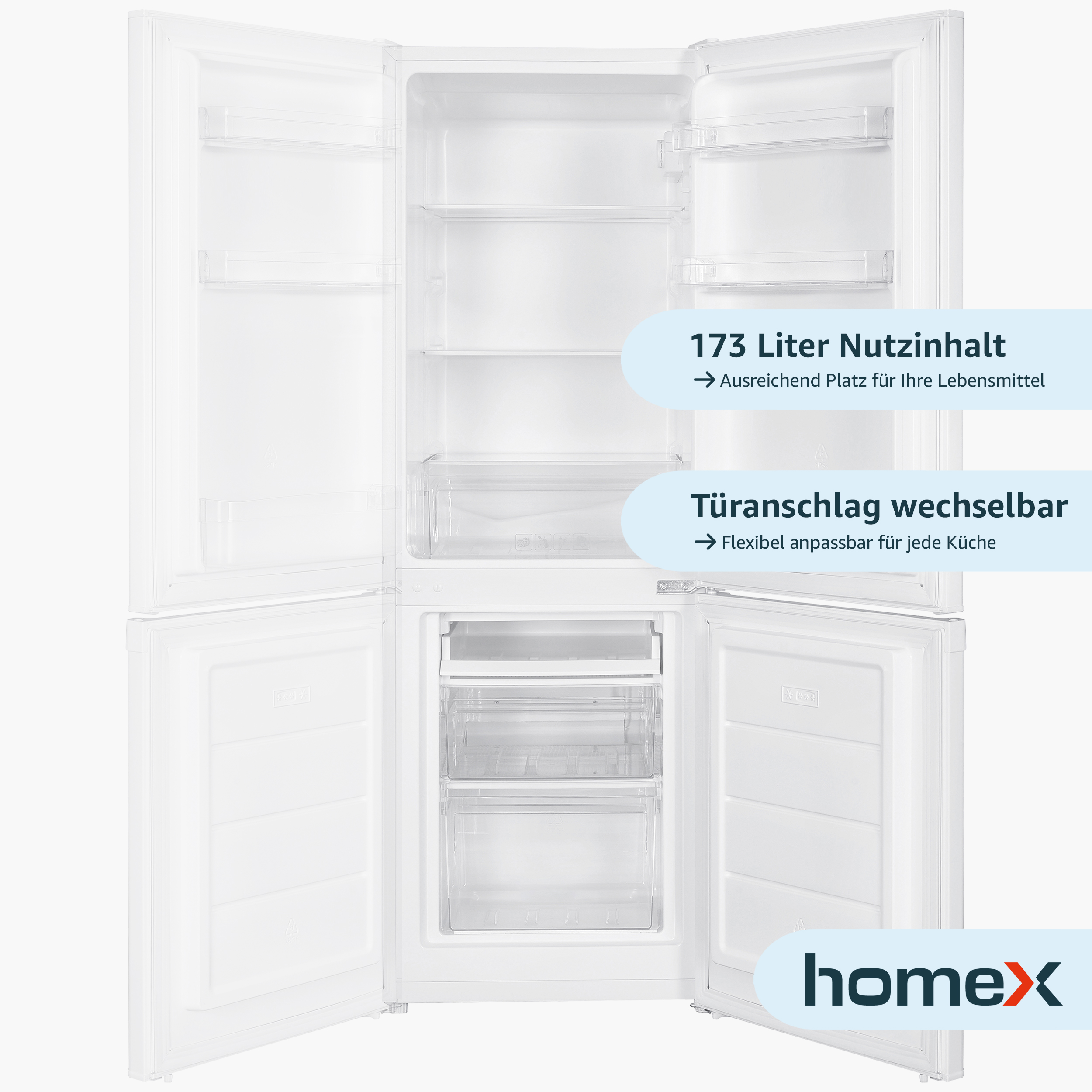 Weißer Kühlschrank mit geöffneten Türen. Text zeigt: 173 Liter Inhalt, wechselbare Türen, und Homex-Logo.