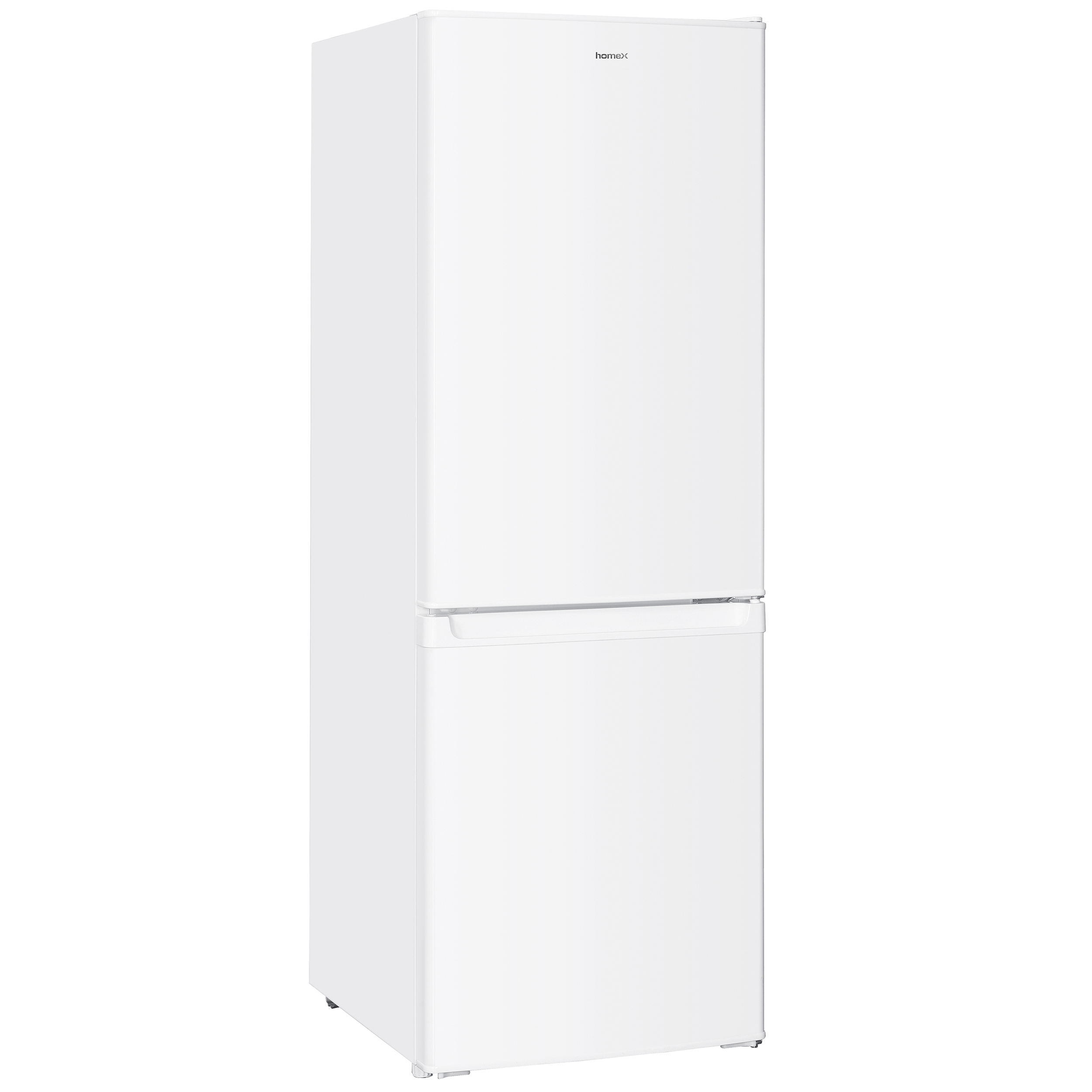 Weißer Kühlschrank mit zwei Türen. Markenname oben. Der Hintergrund ist weiß.