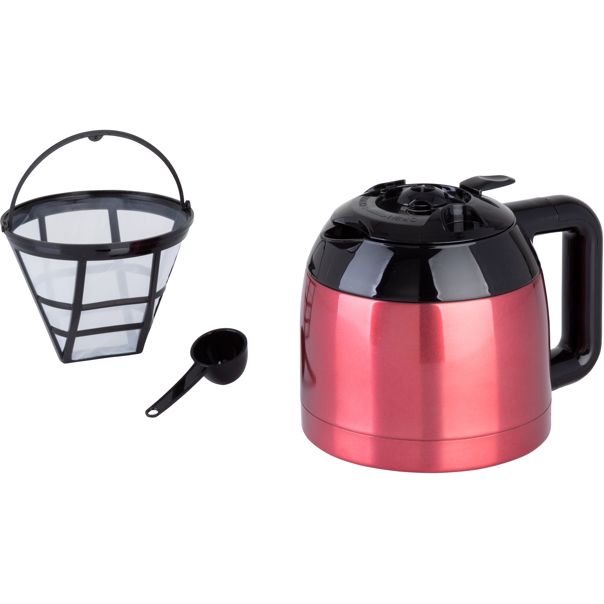 Partes de cafetera: filtro, cuchara y jarra roja. Fondo blanco.