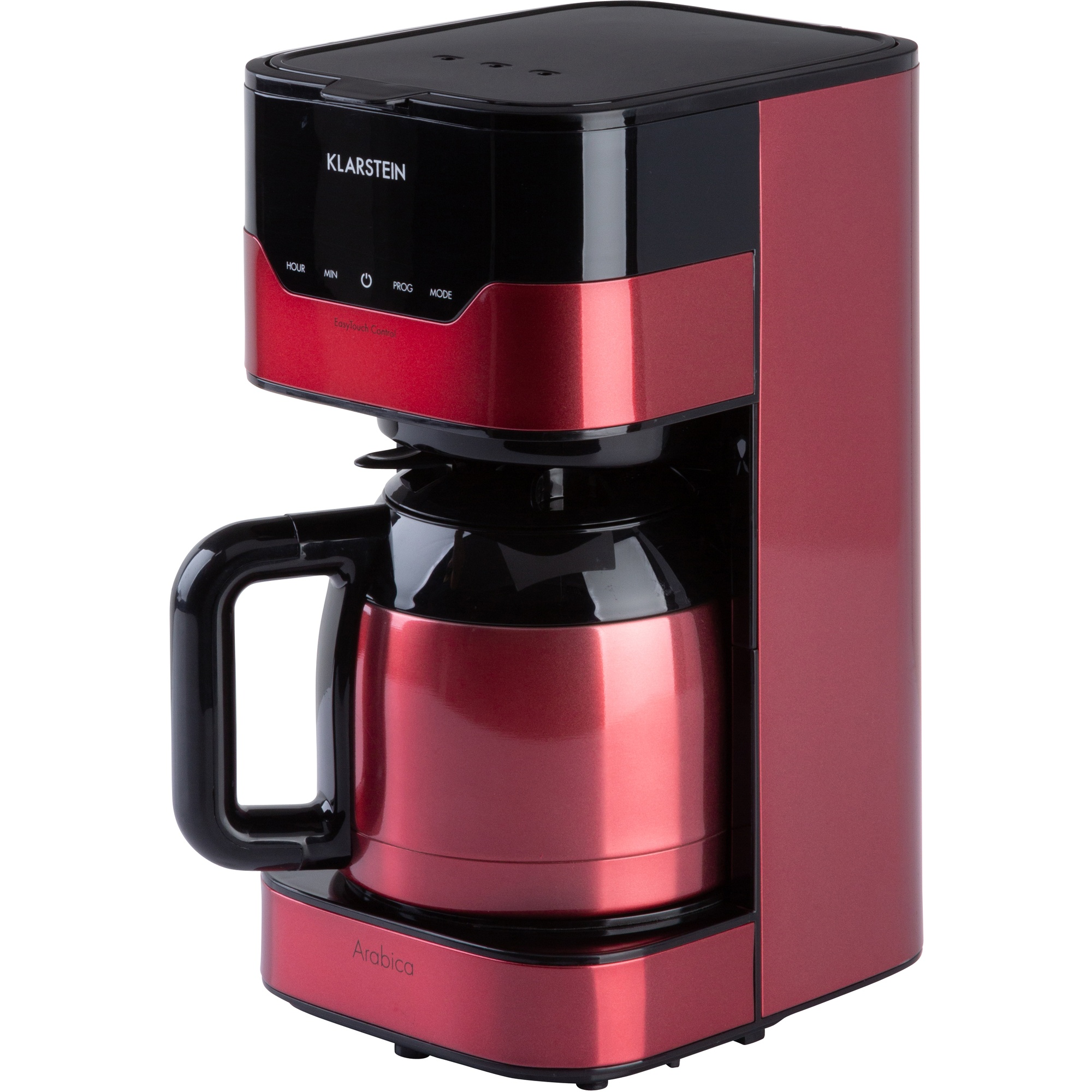 Cafetera roja y negra. La marca es Klarstein. Tiene una jarra térmica y un panel de control con botones.