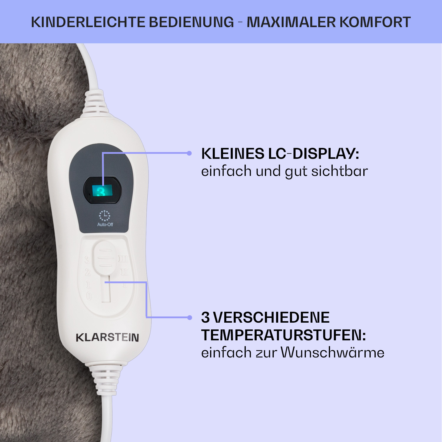 Elektrische Heizdecke Bedienfeld mit Anzeige und Knöpfen. Graue Decke im Hintergrund.