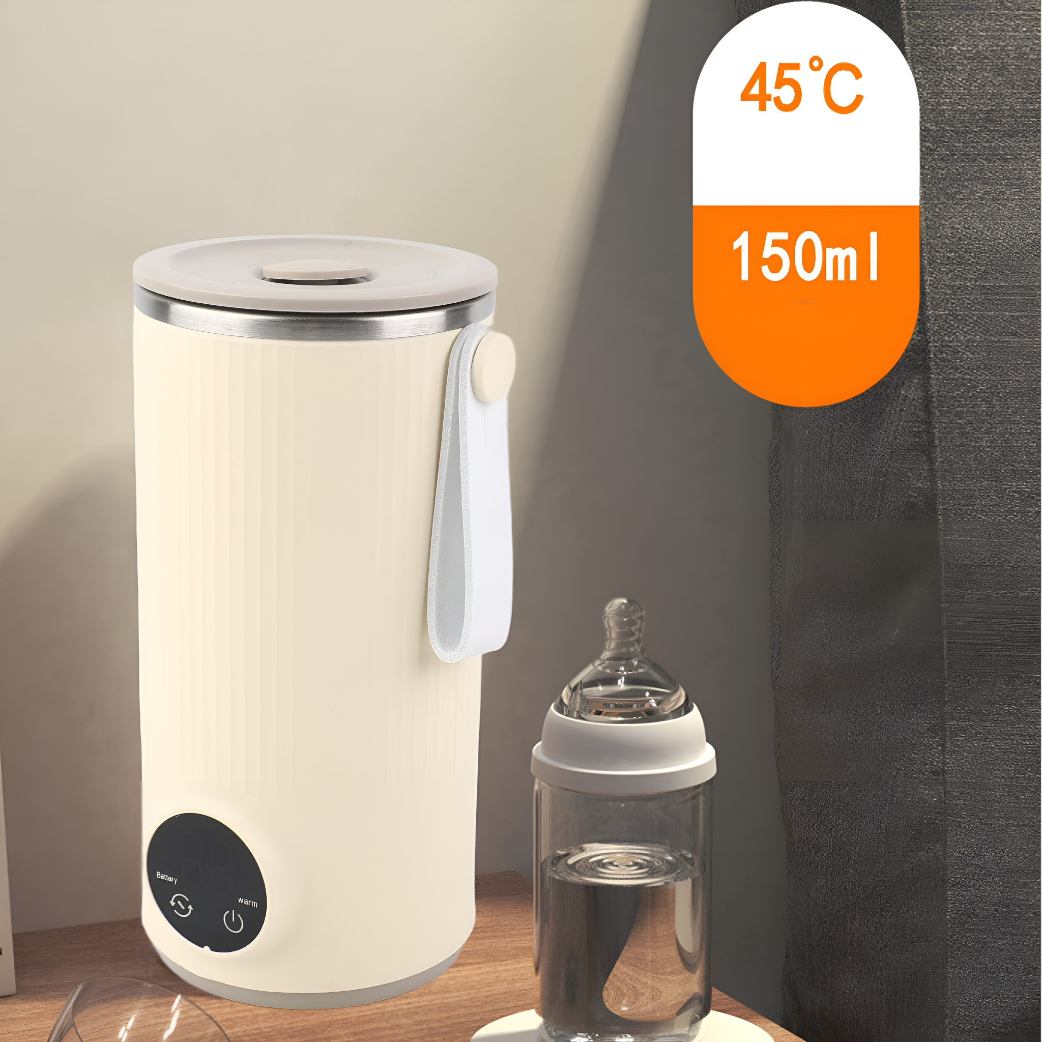 Elfenbeinfarbener Babyflaschenwärmer und Babyflasche. Zeigt Temperatur- und Volumenbeschriftungen.