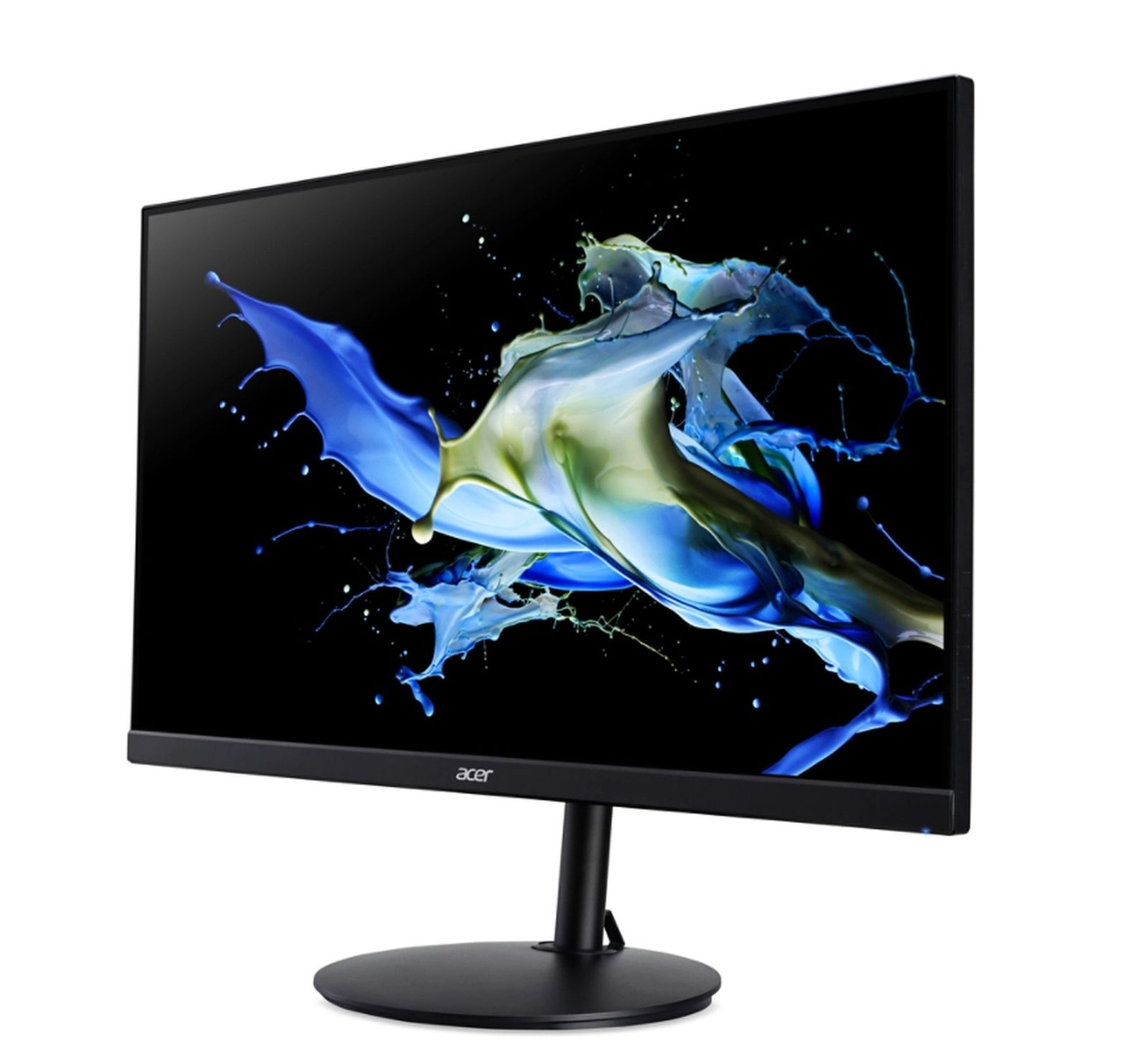 Monitor Acer nero che mostra un'opera d'arte astratta blu e bianca su sfondo nero.