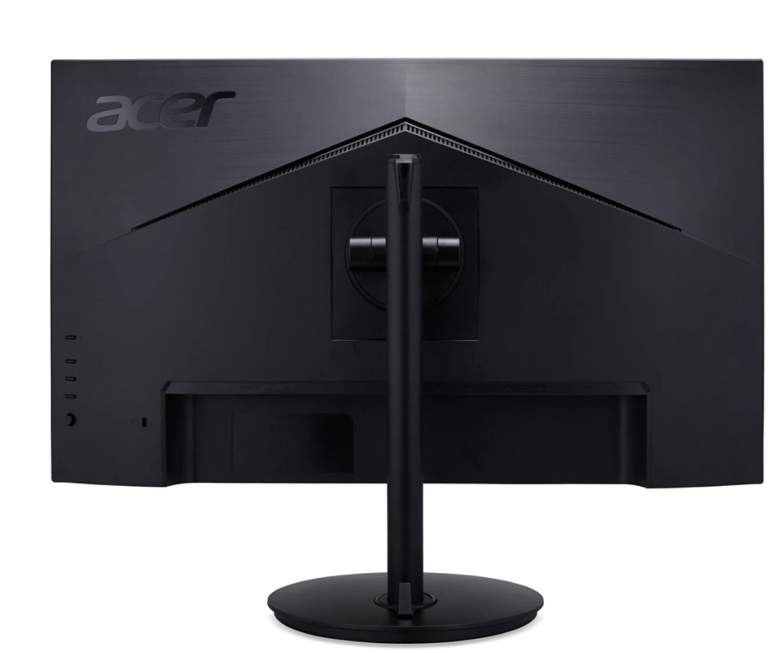 Vista posteriore di un monitor nero con supporto nero e logo Acer.
