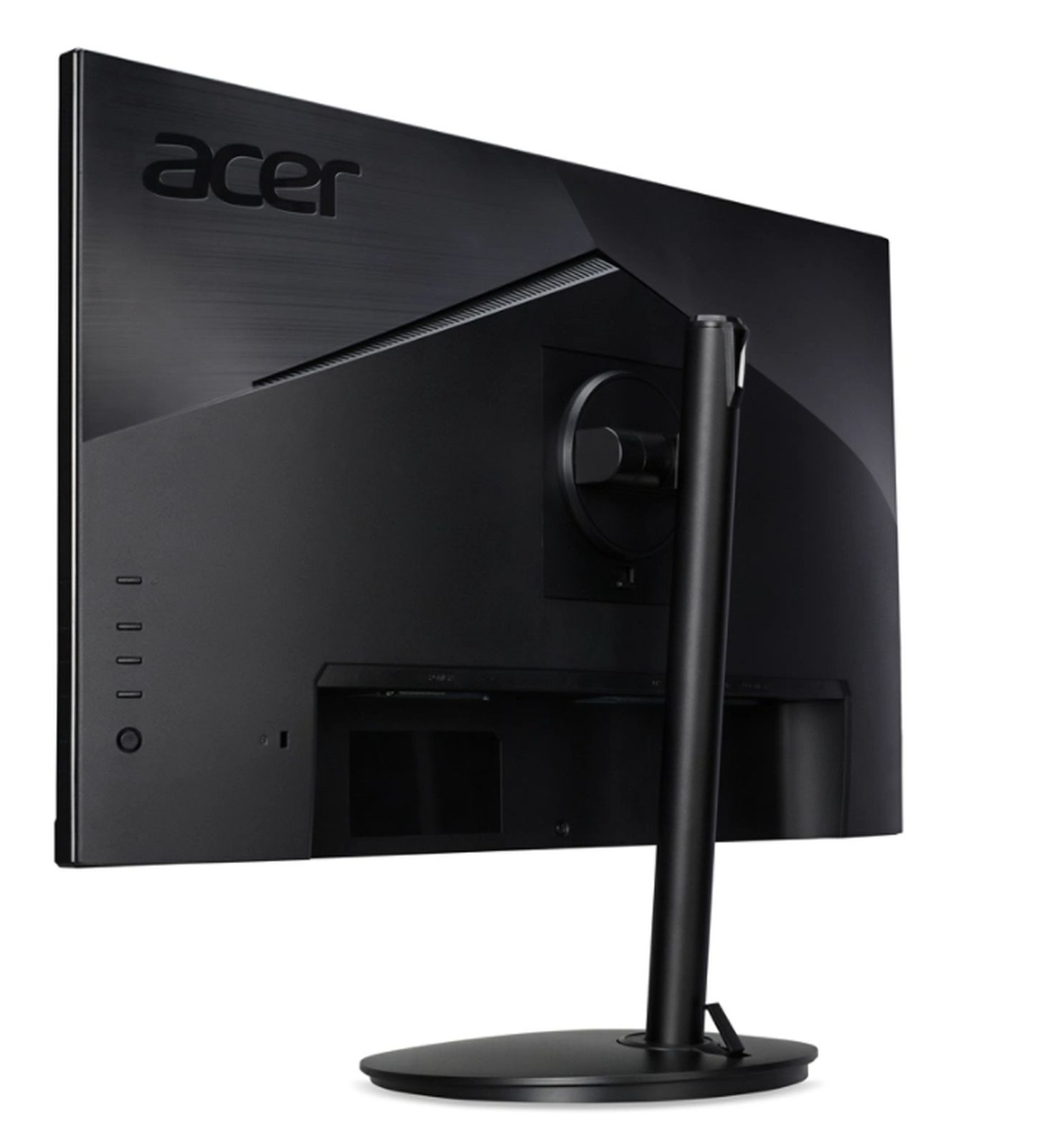Vista posteriore angolata di un monitor nero con supporto nero e logo Acer.