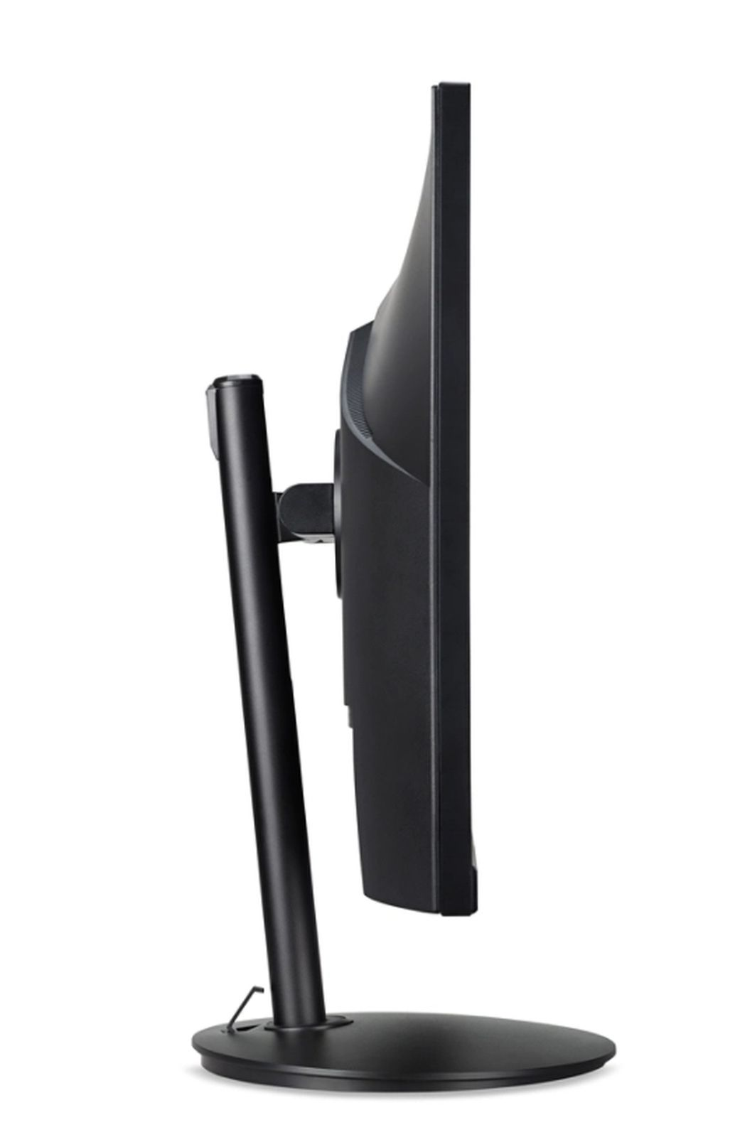 Un monitor del computer nero, vista laterale. È su un supporto e lo schermo è nero.