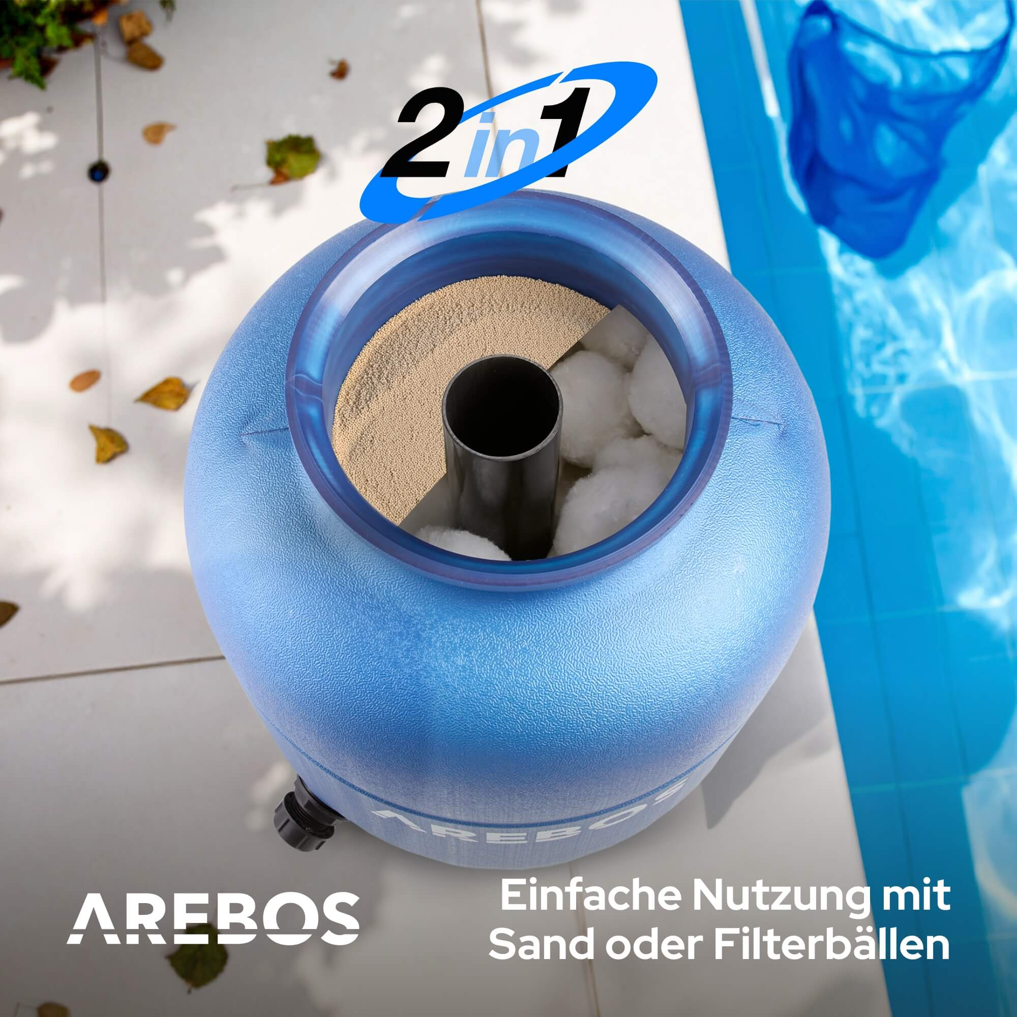 Blauer Poolfilter mit Sand und Filterbällen. Text: '2 in 1'.