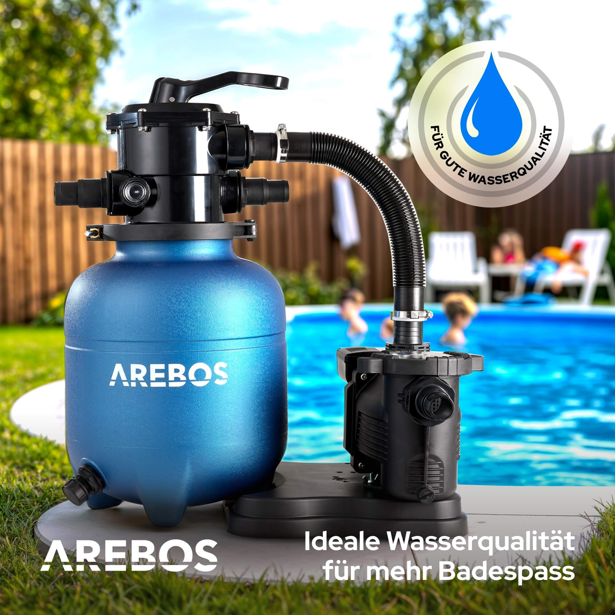 Blauer Poolfilter mit Text AREBOS und Personen im Pool.