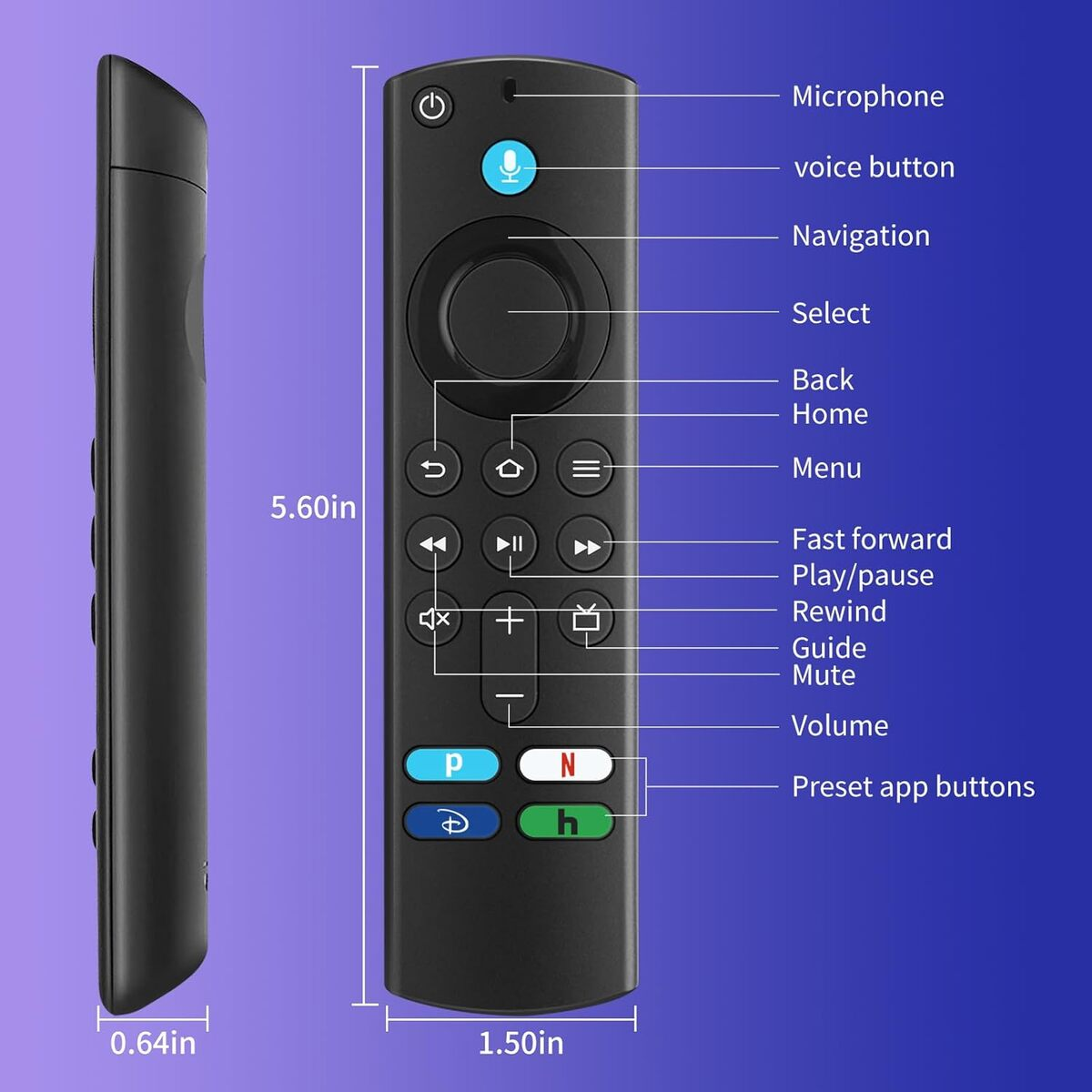 Mando a distancia negro con botones de encendido, voz, navegación, volumen y accesos directos a aplicaciones. Mide 5,60 pulgadas de largo y 1,50 de ancho.
