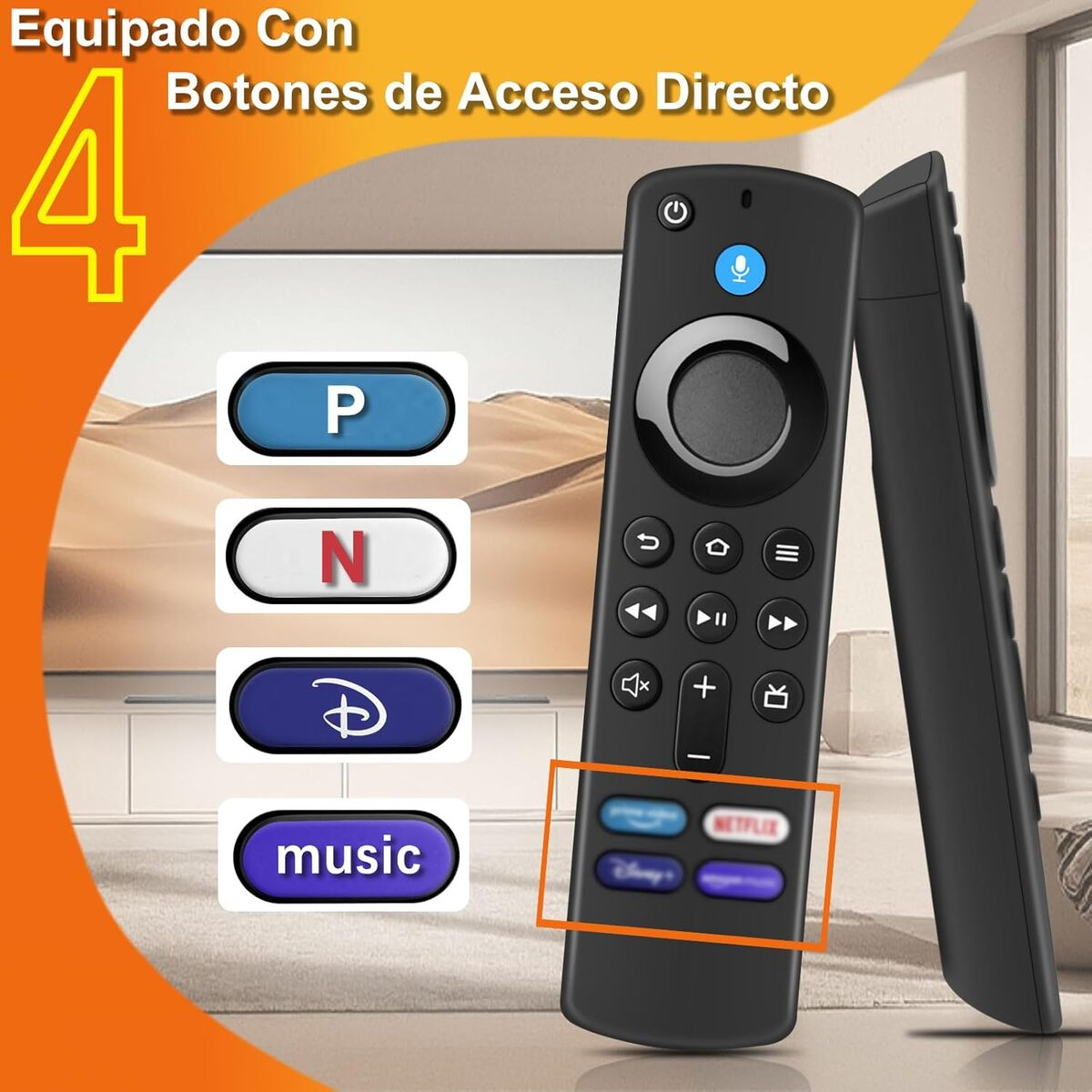 Mando a distancia negro con botones de acceso directo. Netflix, Disney+, música y otros botones sobre fondo blanco.