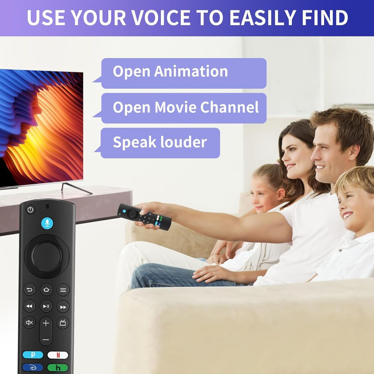 Una familia usa un mando a distancia frente a un televisor. El mando es similar a la primera imagen. El texto muestra opciones de búsqueda por voz.