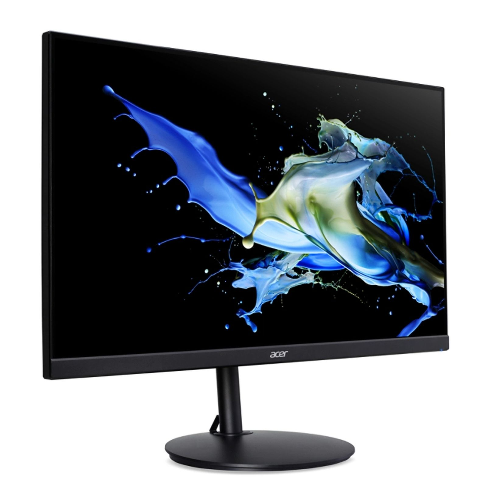 Monitor Acer con cornice e supporto neri, che mostra uno schizzo blu e bianco.