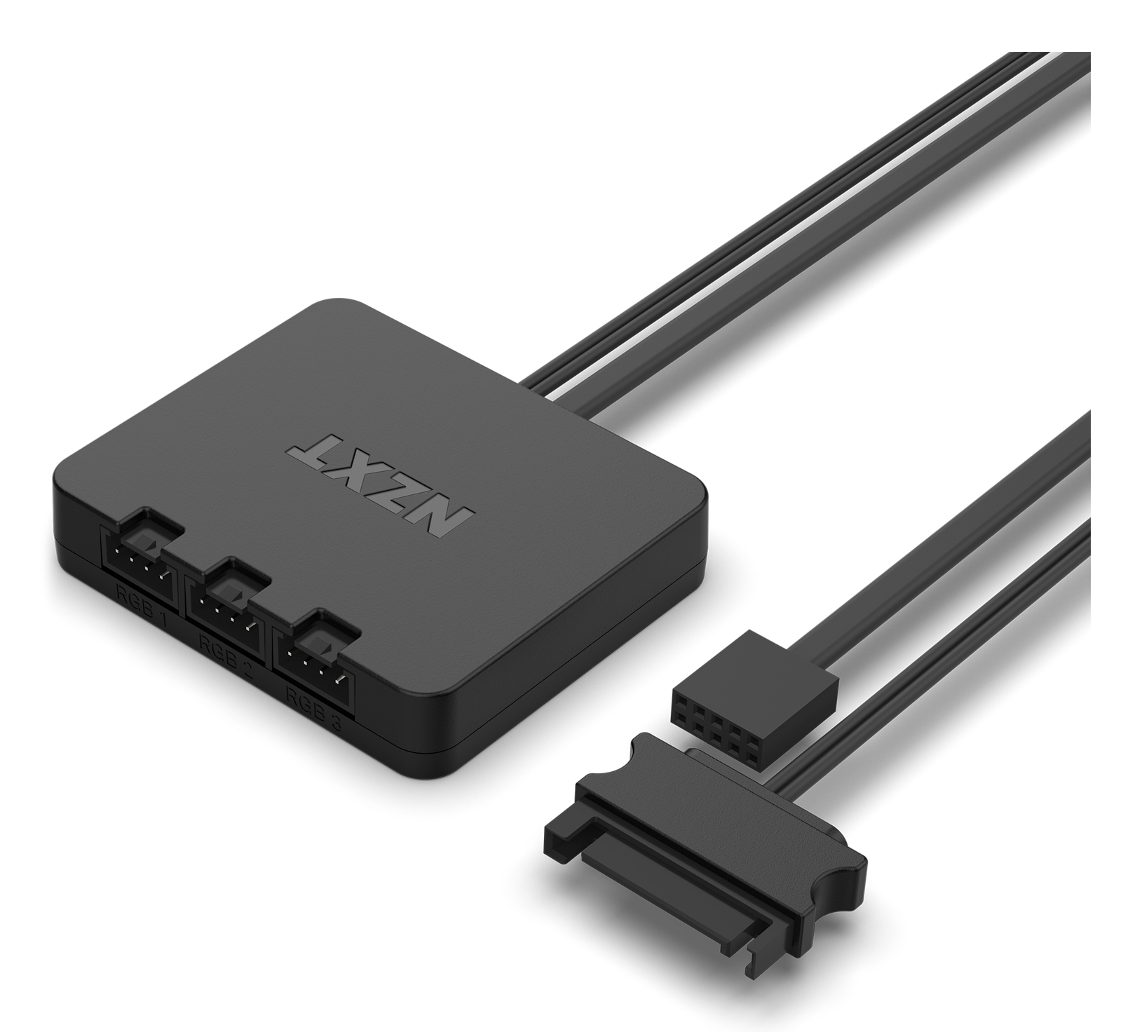 Dispositivo NZXT nero con più porte e cavi, su sfondo bianco.