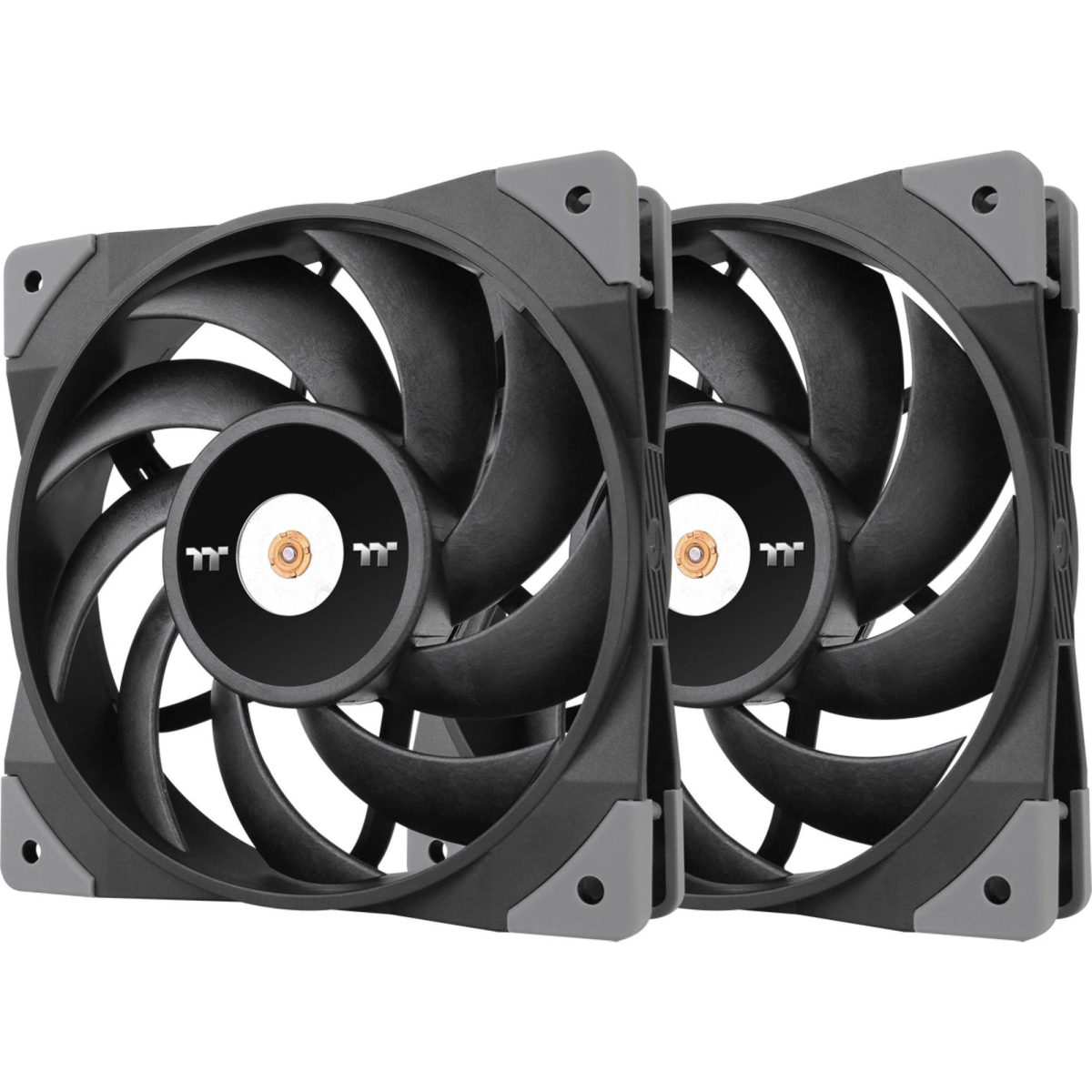 Due ventole per computer nere con pale curve su sfondo bianco.