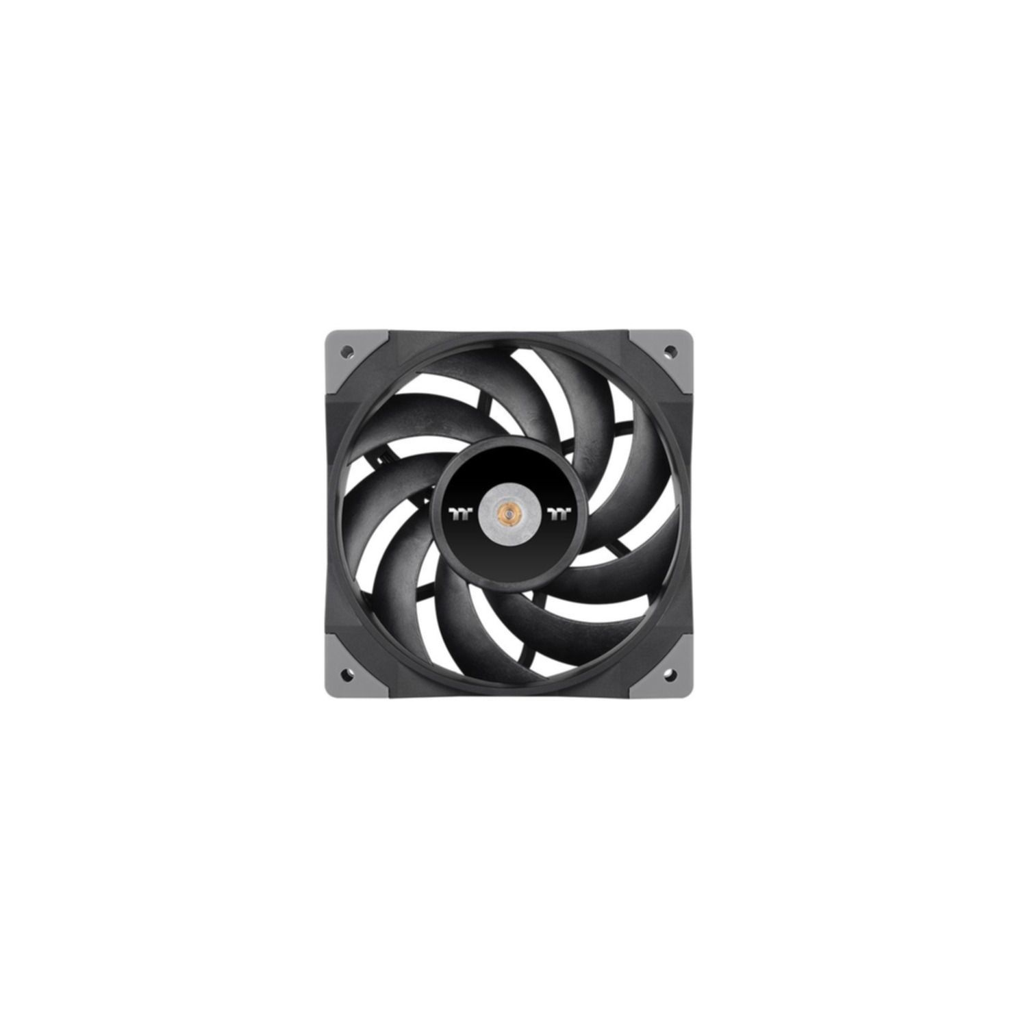 Ventola per computer nera con pale curve e logo centrale.