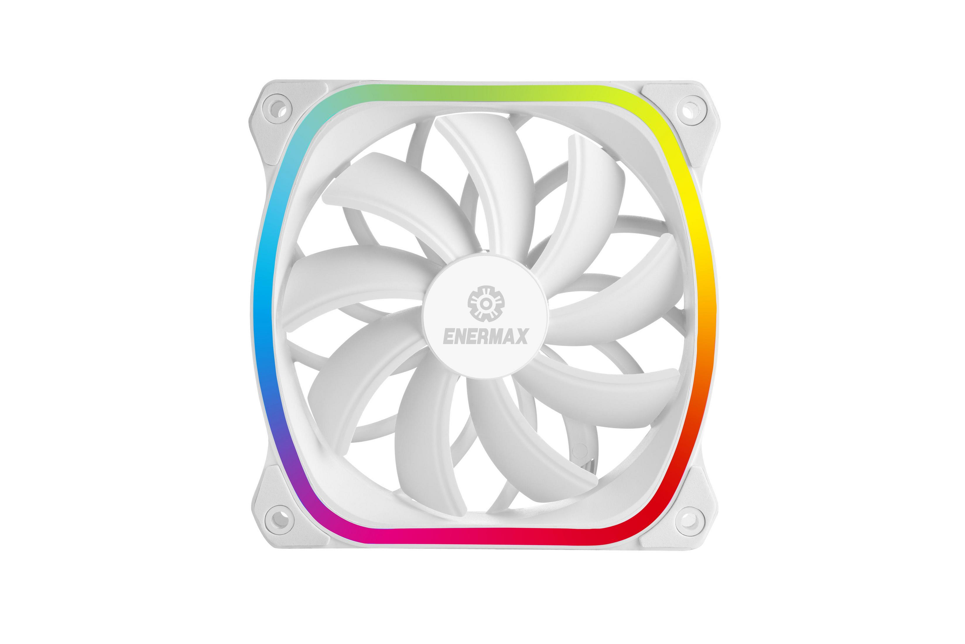 Biały wentylator do PC z tęczową obwódką LED. Łopatki są białe, z logo Enermax pośrodku.