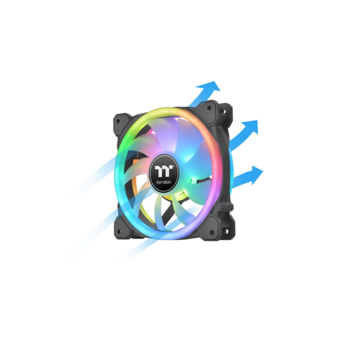 Wentylator do PC z tęczowymi diodami LED. Niebieskie strzałki pokazują kierunek przepływu powietrza.