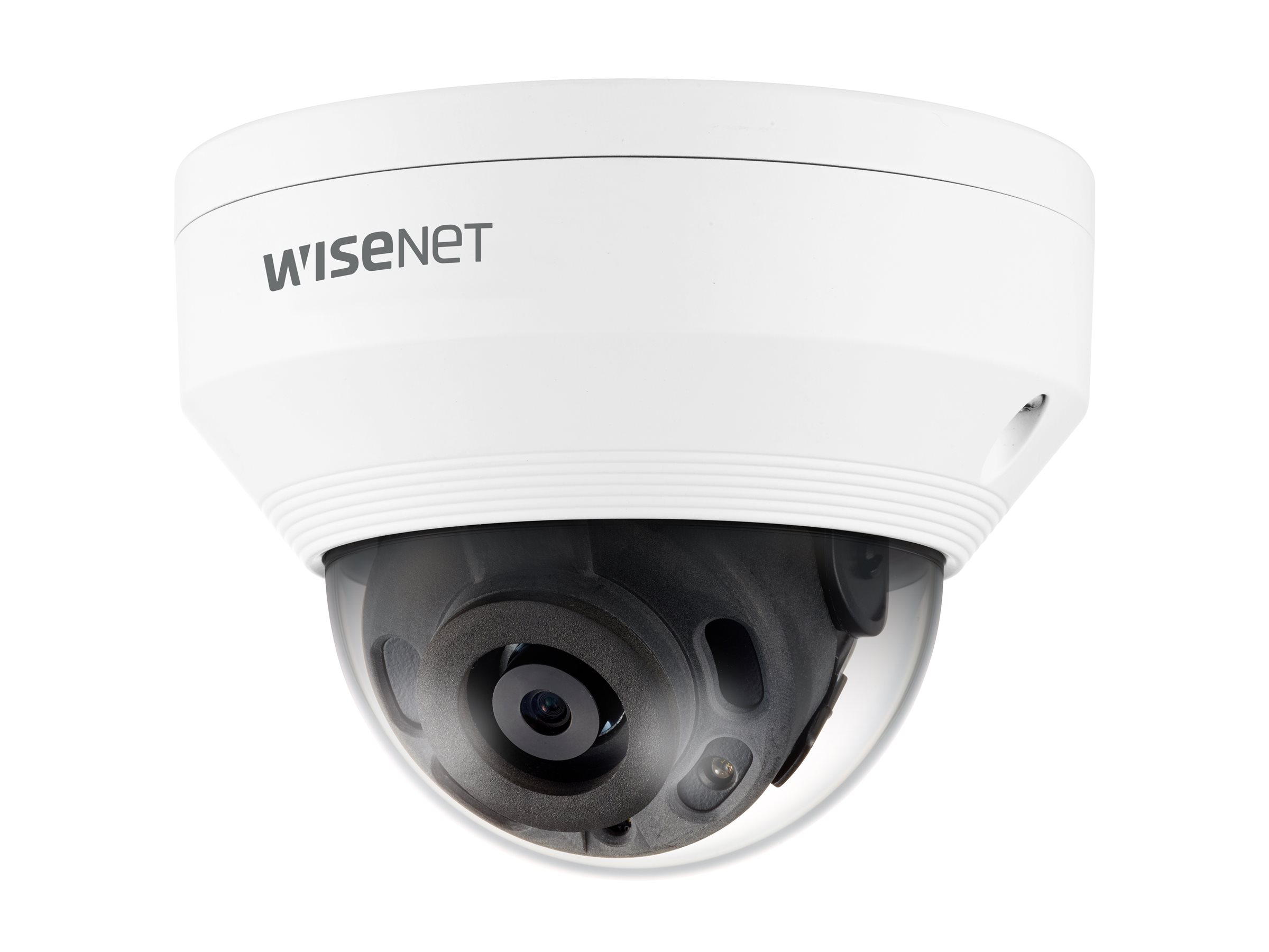 Una telecamera di sicurezza a cupola bianca con il logo 'wisenet', su sfondo bianco. L'obiettivo è nero.