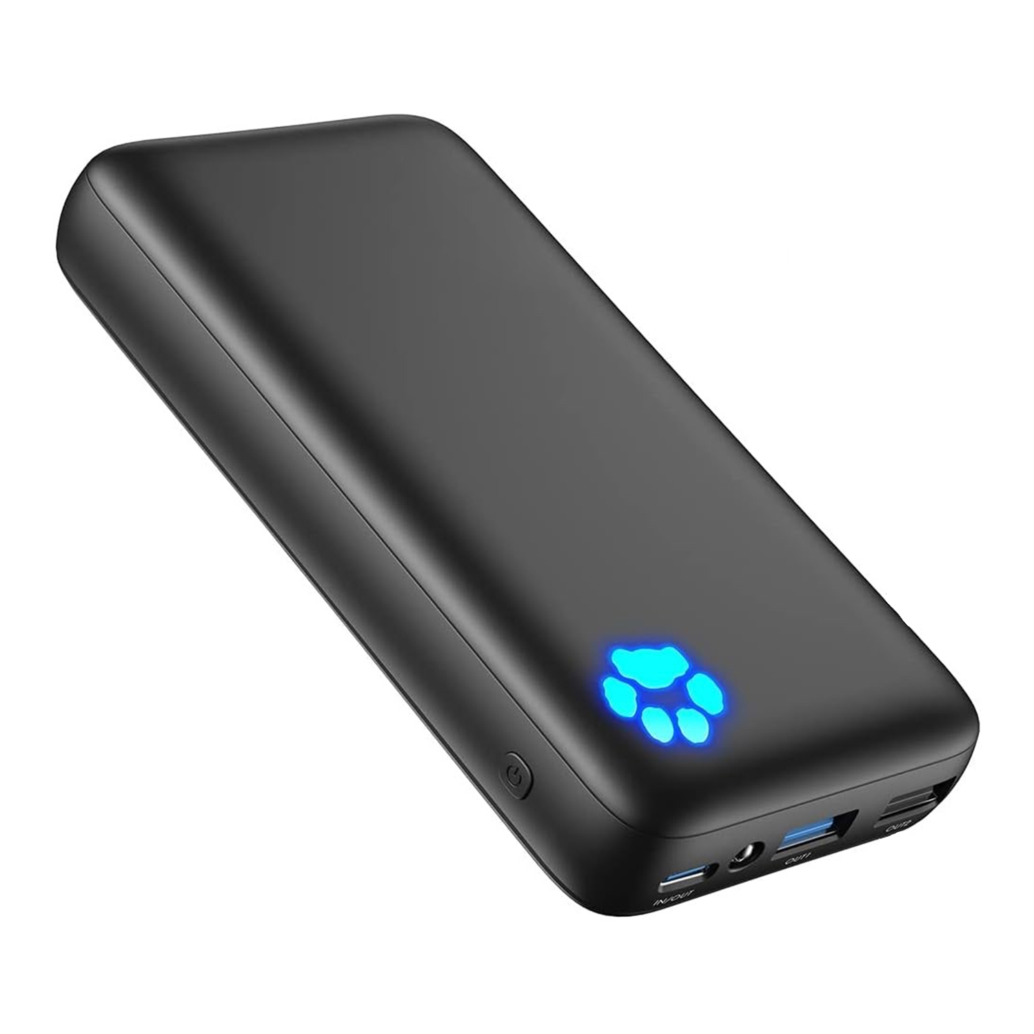 Eine schwarze Powerbank mit einem Pfotenabdruck-Logo, das blau leuchtet, auf weißem Hintergrund.