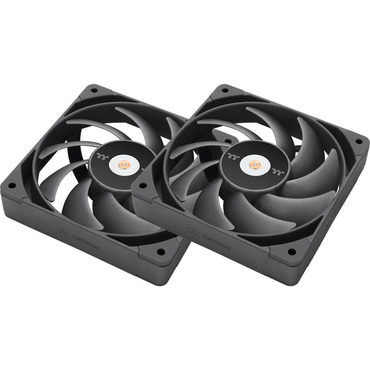 Due ventole per computer nere. Entrambe hanno pale curve e un logo centrale. La cornice è grigio scuro.