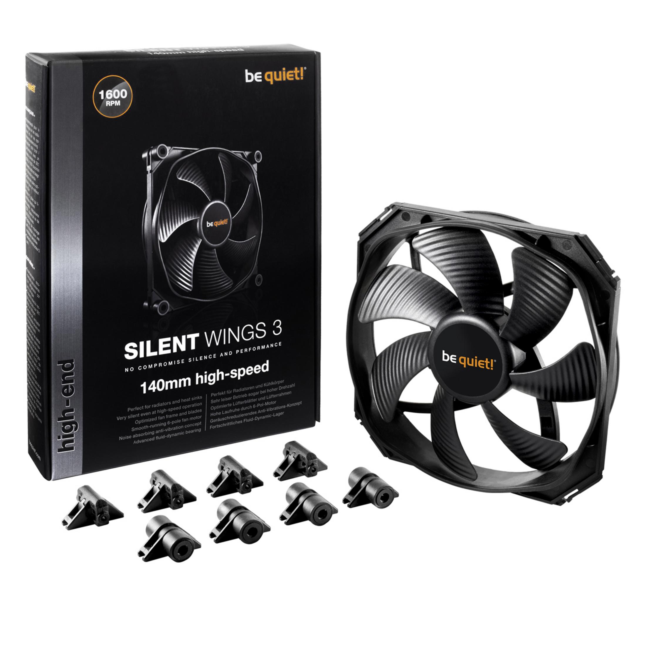 Ventilateur et boîte. Le ventilateur est noir avec des pales, logo be quiet!. Boîte blanche avec texte.