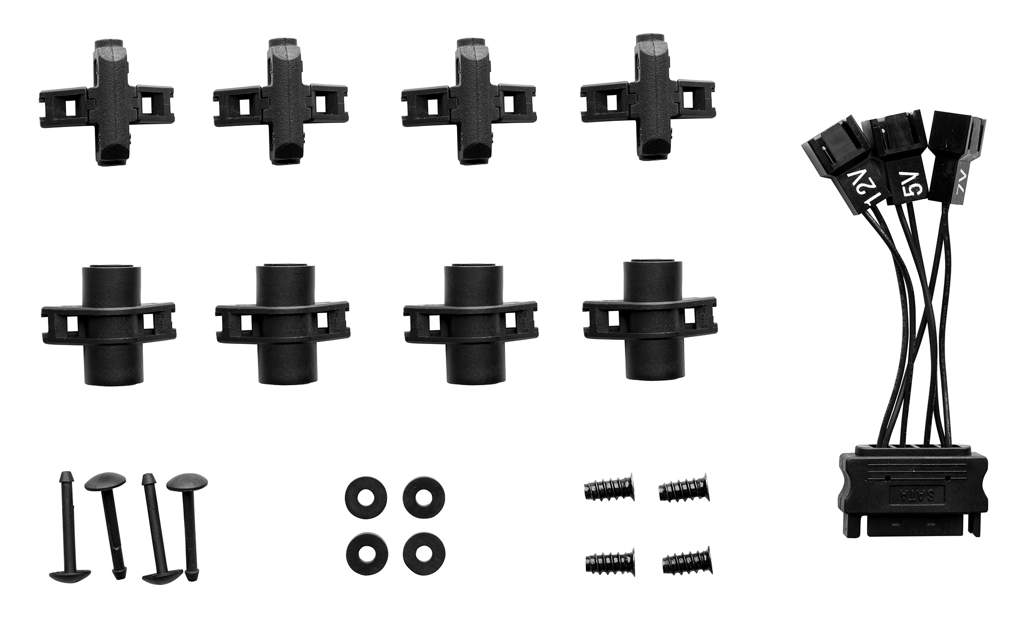 Accessoires de ventilateur d'ordinateur : clips, vis et connecteurs. Noir et blanc sur fond blanc.