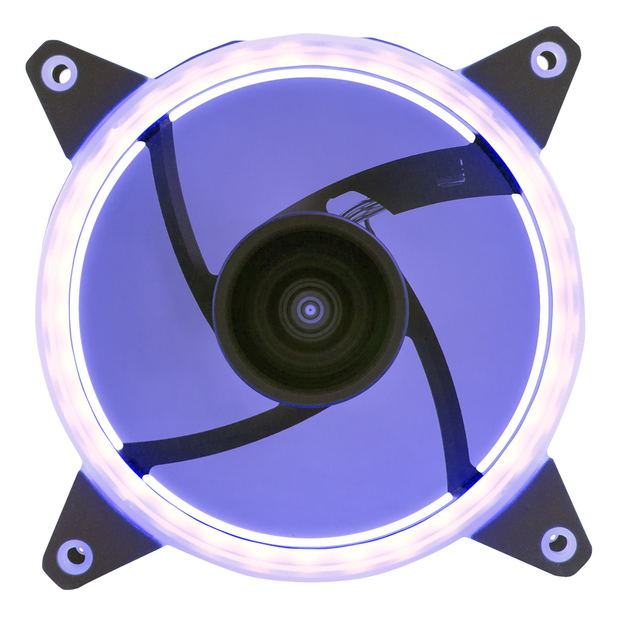 Ventilador de ordenador negro con anillo LED azul. El centro del ventilador es oscuro.