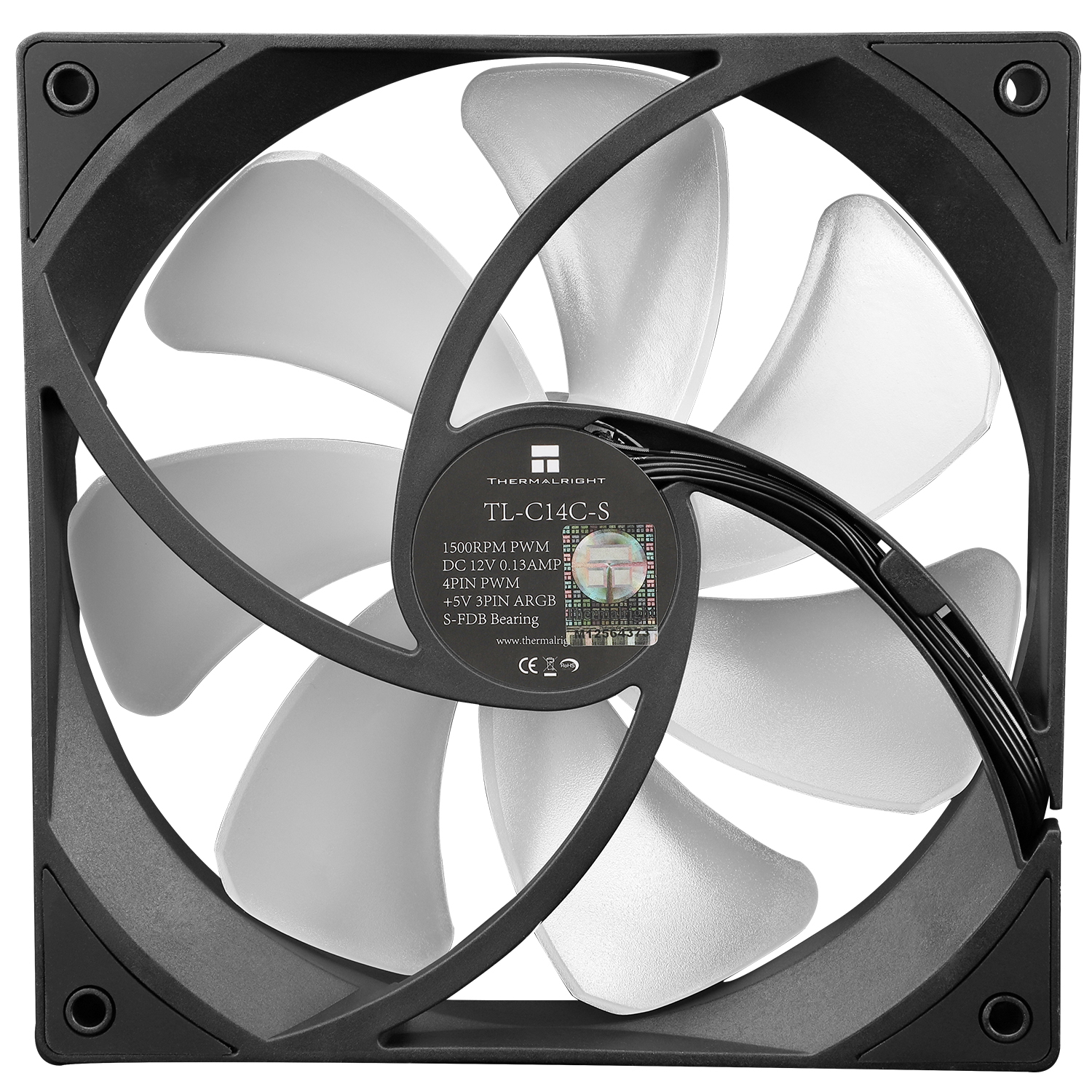 Gri kanatlı siyah fan, Thermalright logosu. Siyah çerçeve, beyaz zemin.
