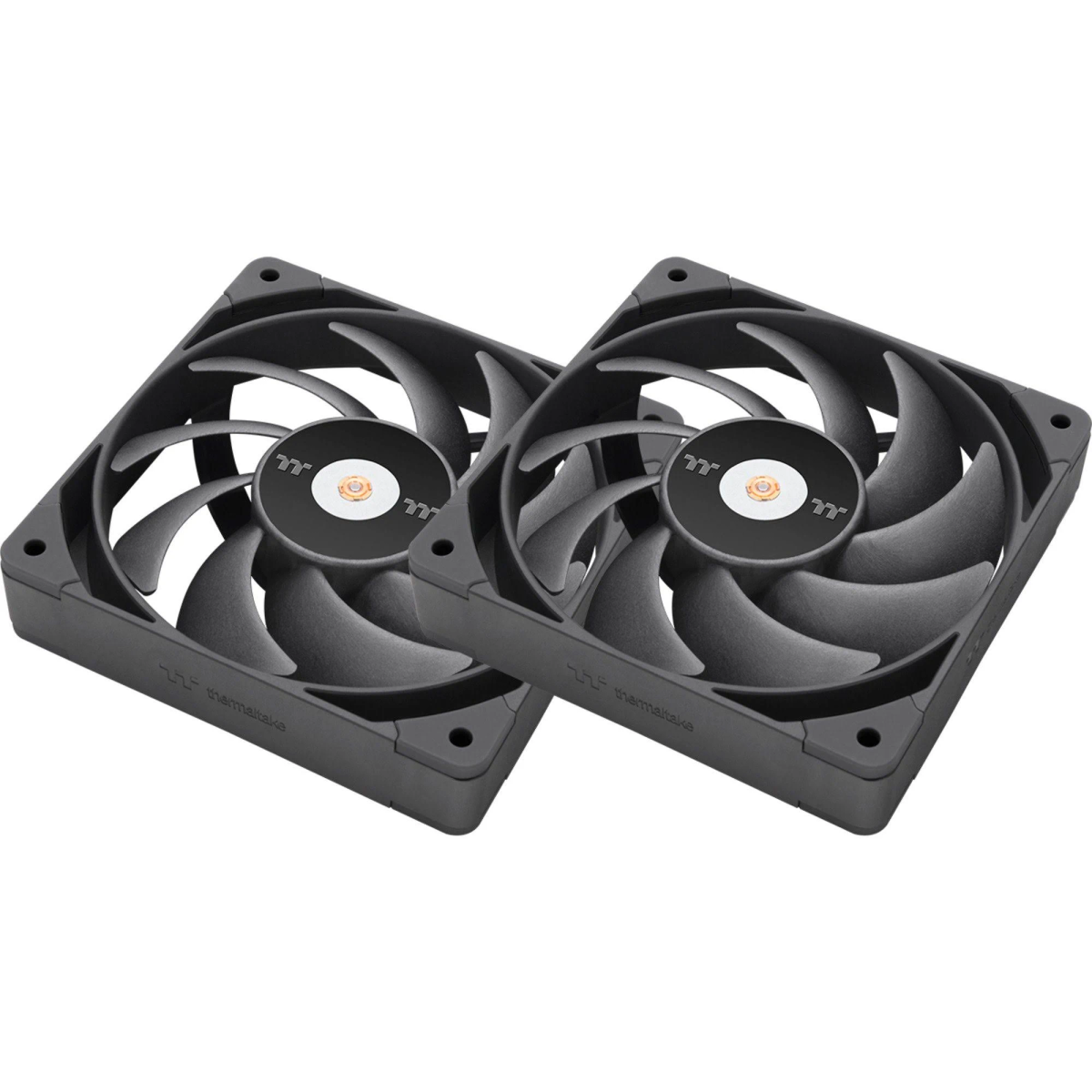 Due ventole per computer nere con sette pale ciascuna, sfondo bianco, logo TT al centro.