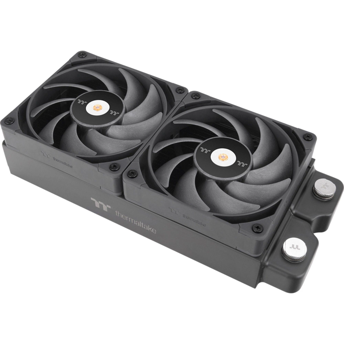 Due ventole per computer collegate, alloggiamento grigio, con marchio Thermaltake sul lato.