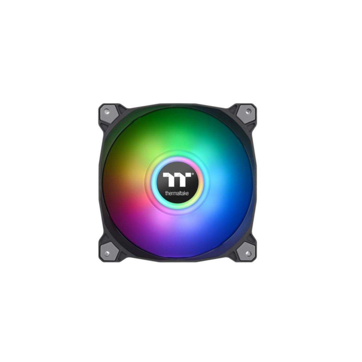 Ventilateur d'ordinateur avec lumières arc-en-ciel, cadre noir, fond blanc, logo TT au centre.