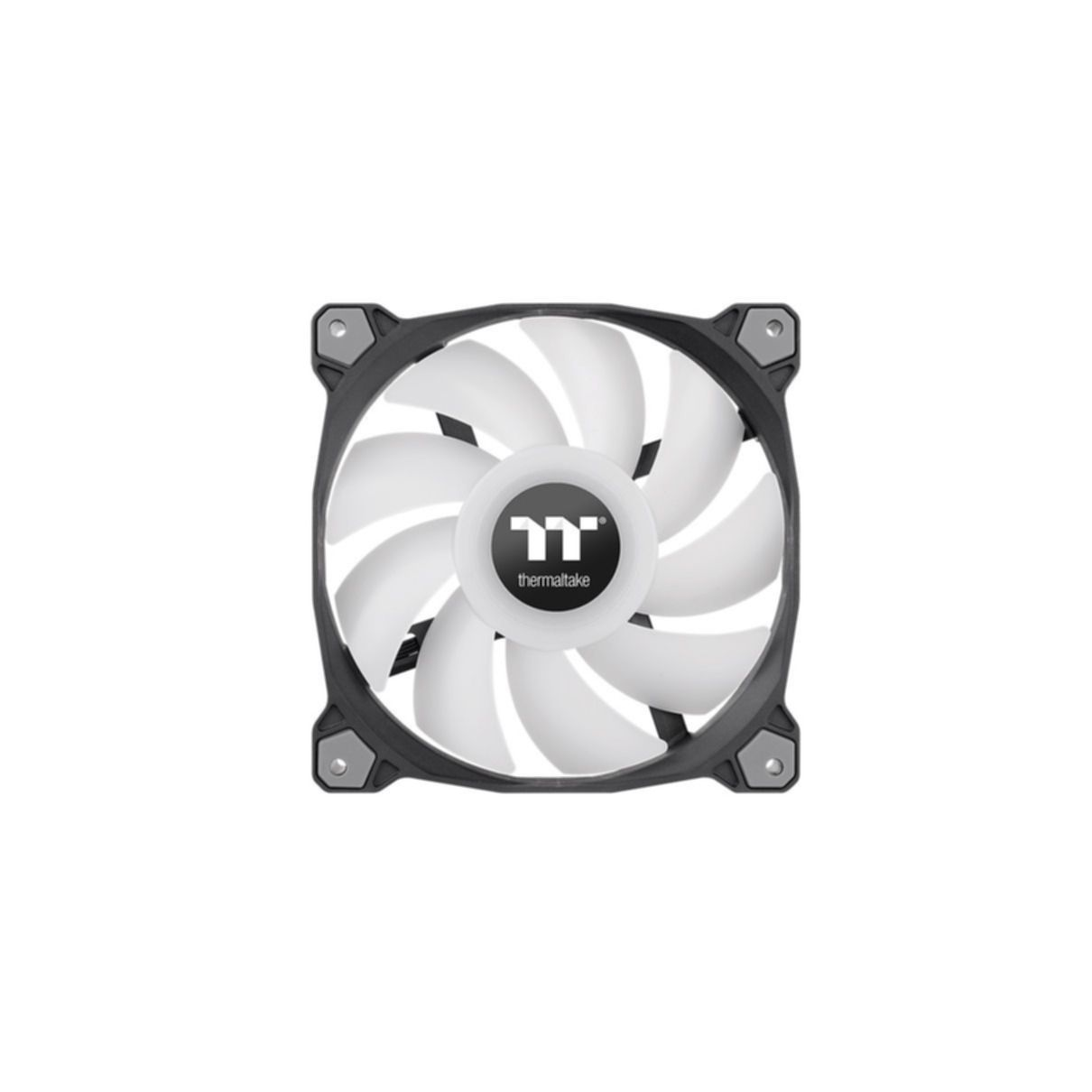 Pales de ventilateur blanches dans un cadre noir avec le logo Thermaltake au centre.
