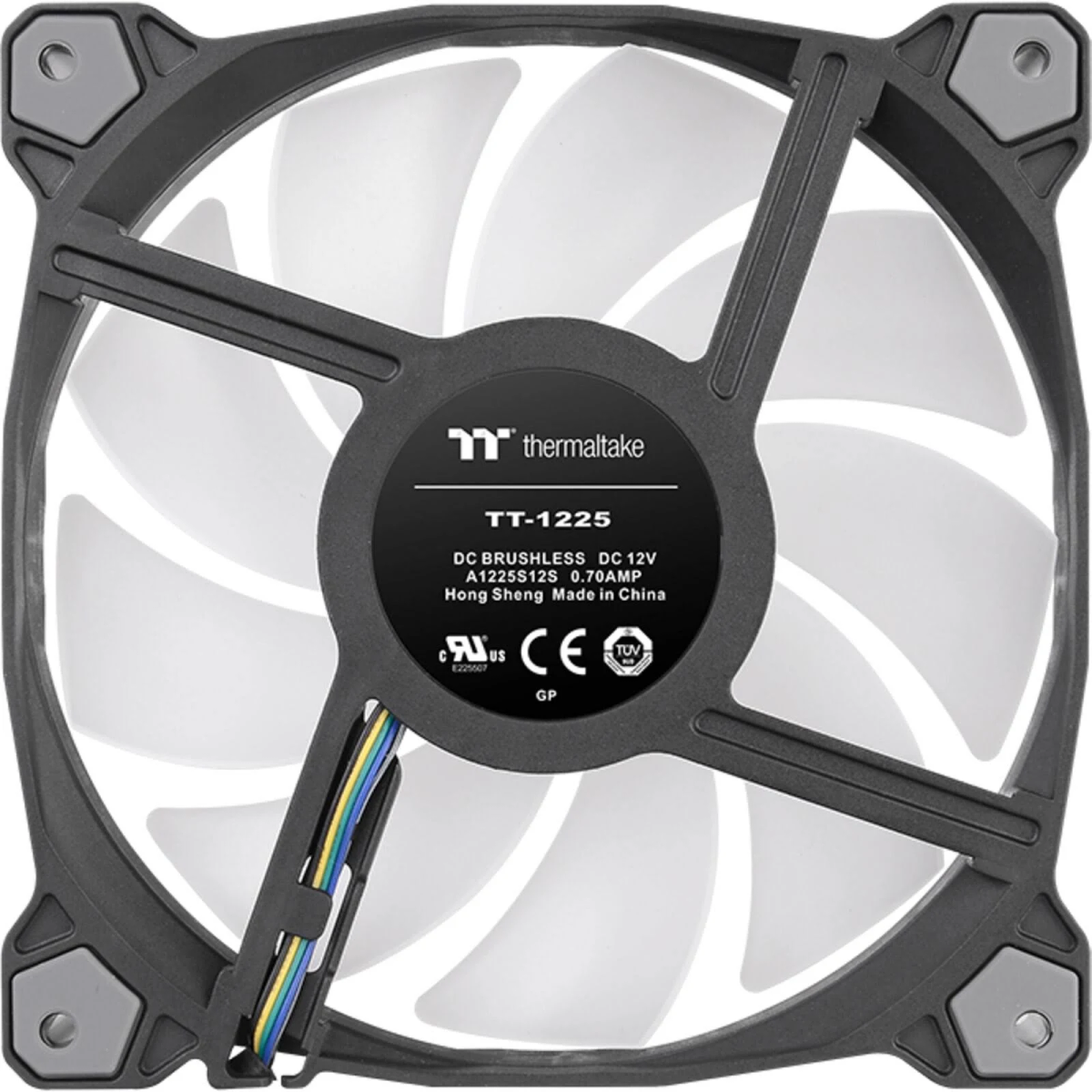 Ventilateur d'ordinateur avec pales blanches et cadre noir avec détails techniques et logo.