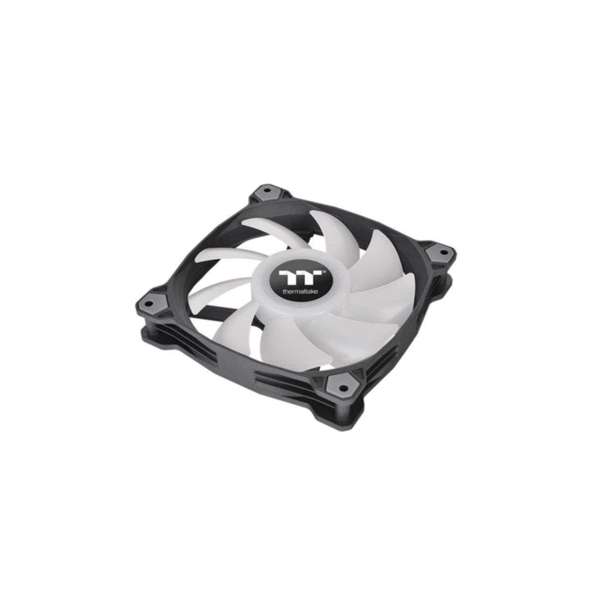 Ventilateur d'ordinateur avec pales blanches et cadre noir, logo 'Thermaltake' au centre.