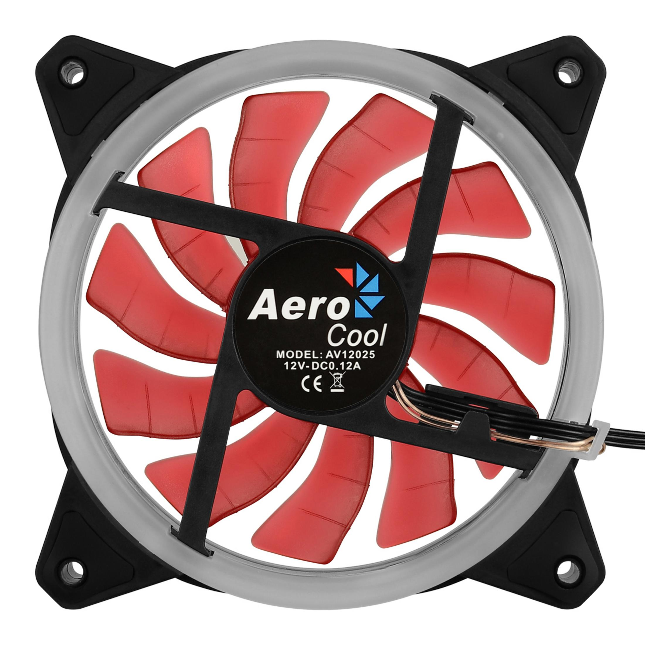 Ventola AeroCool con pale rosse, telaio nero e anello bianco.