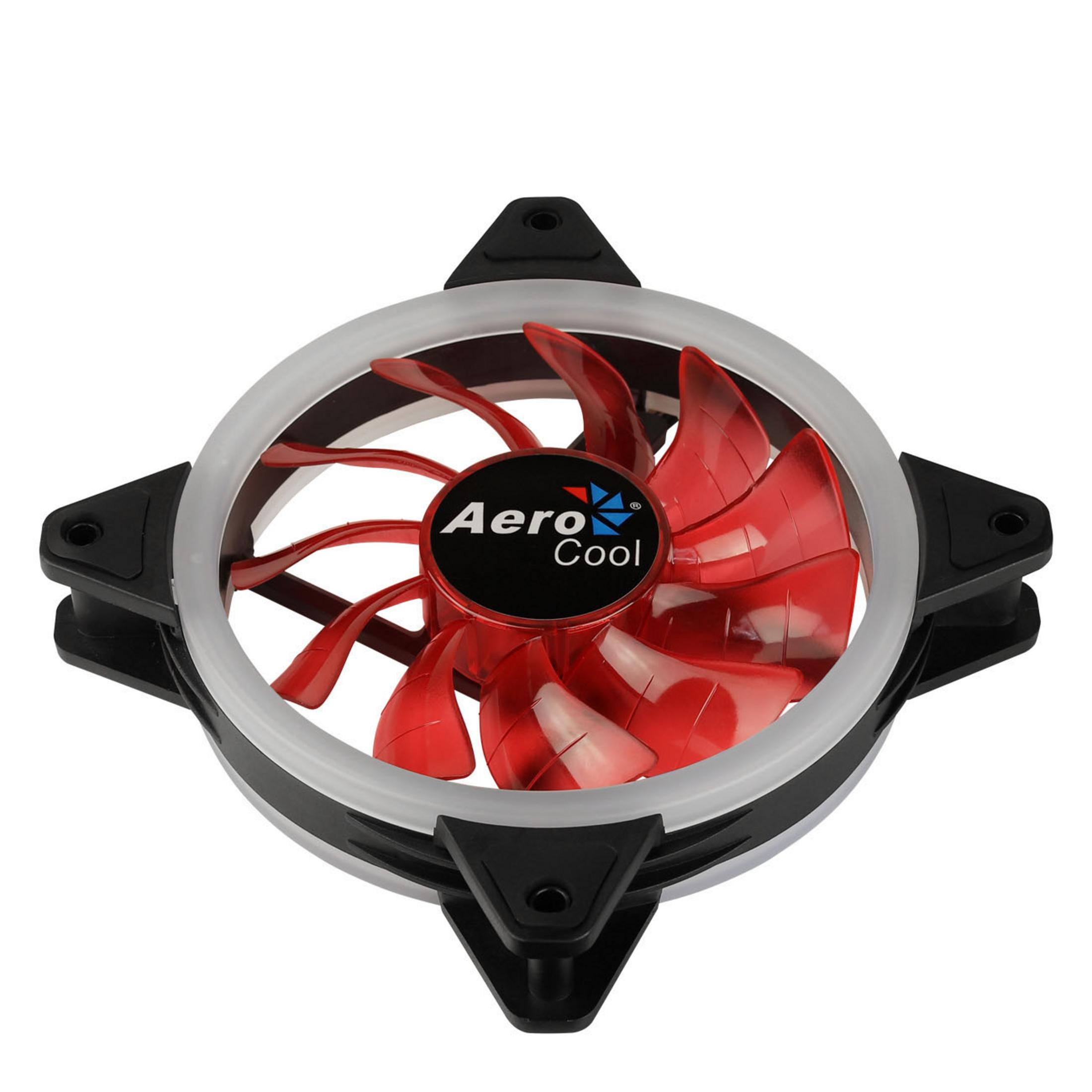 Ventola AeroCool con pale rosse, telaio nero e anello bianco.