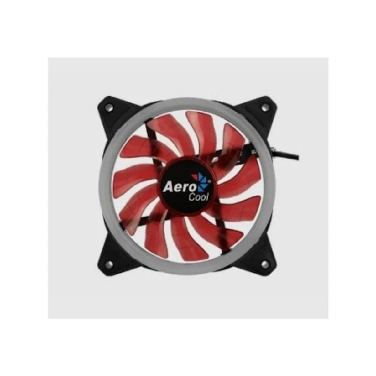 Ventola per PC con pale rosse e cornice argentata. Logo AeroCool visibile.