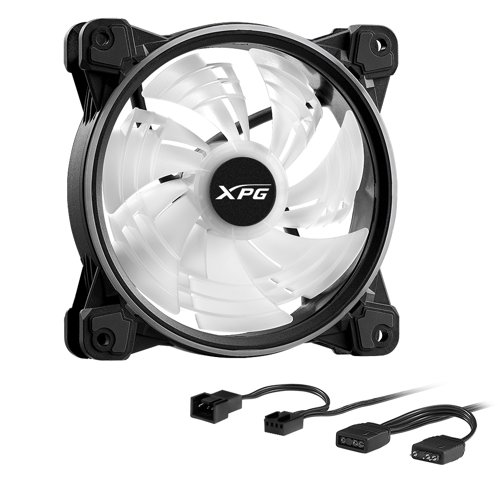 Computerlüfter mit weißen Flügeln. XPG-Logo in der Mitte. Schwarzer Rahmen und Kabel sind sichtbar.