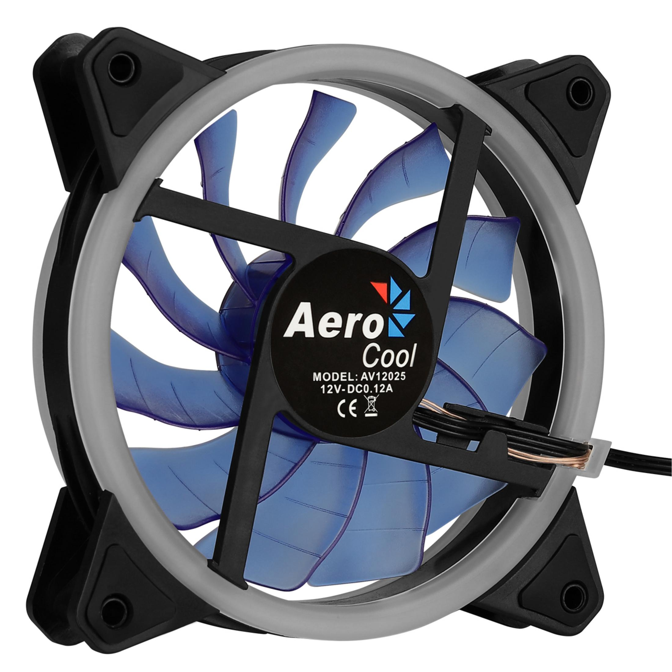 Ventola per computer con pale blu. Logo AeroCool al centro, circondato da una cornice nera.