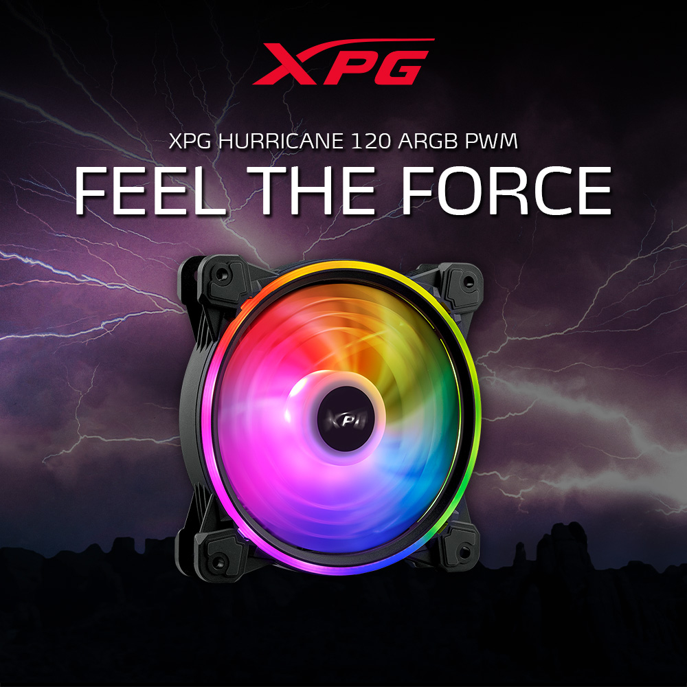 XPG Hurricane 120 ARGB PWM Computerlüfter mit mehrfarbiger Beleuchtung. Text: FEEL THE FORCE.