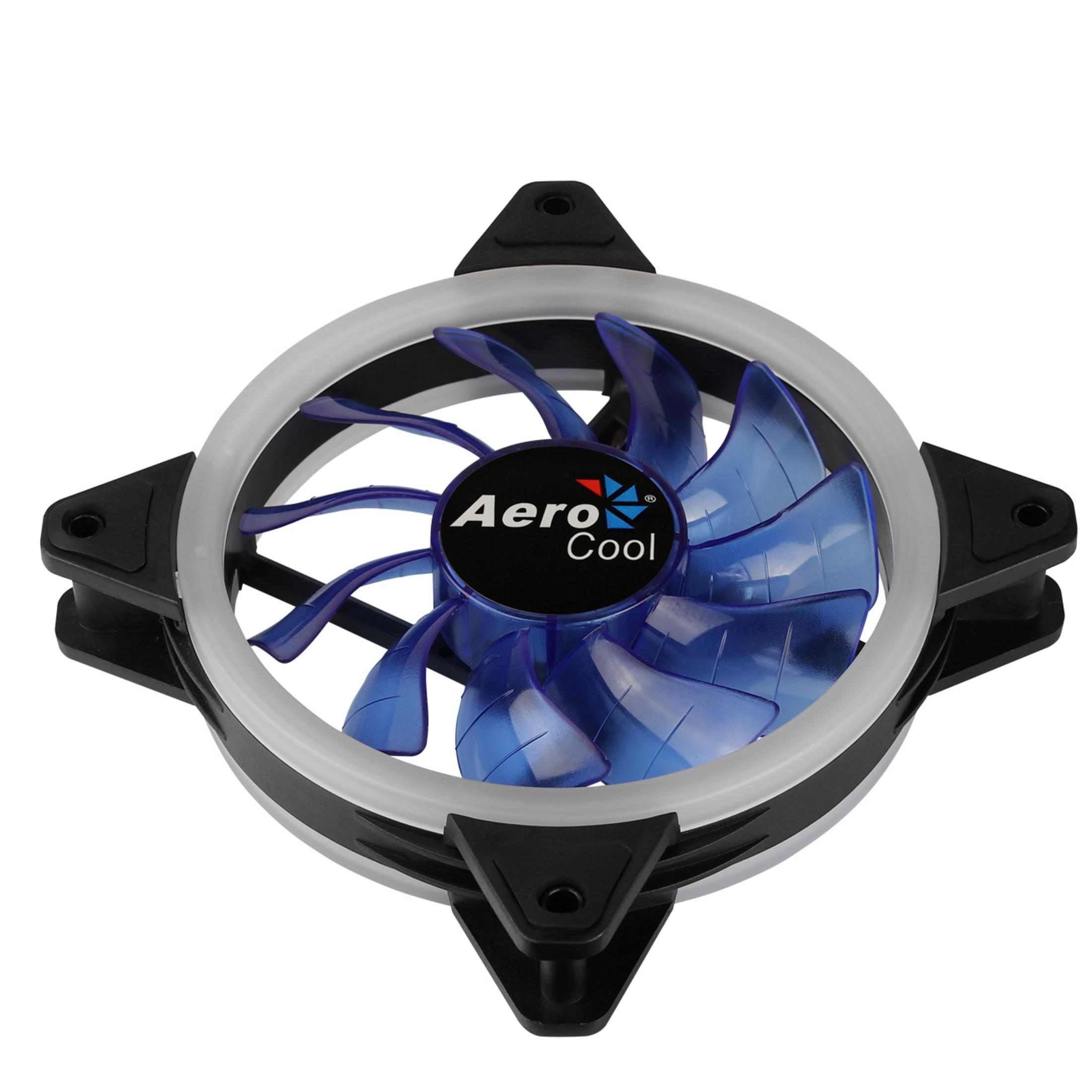 Ventola per computer con telaio nero e pale blu. Il marchio è AeroCool.