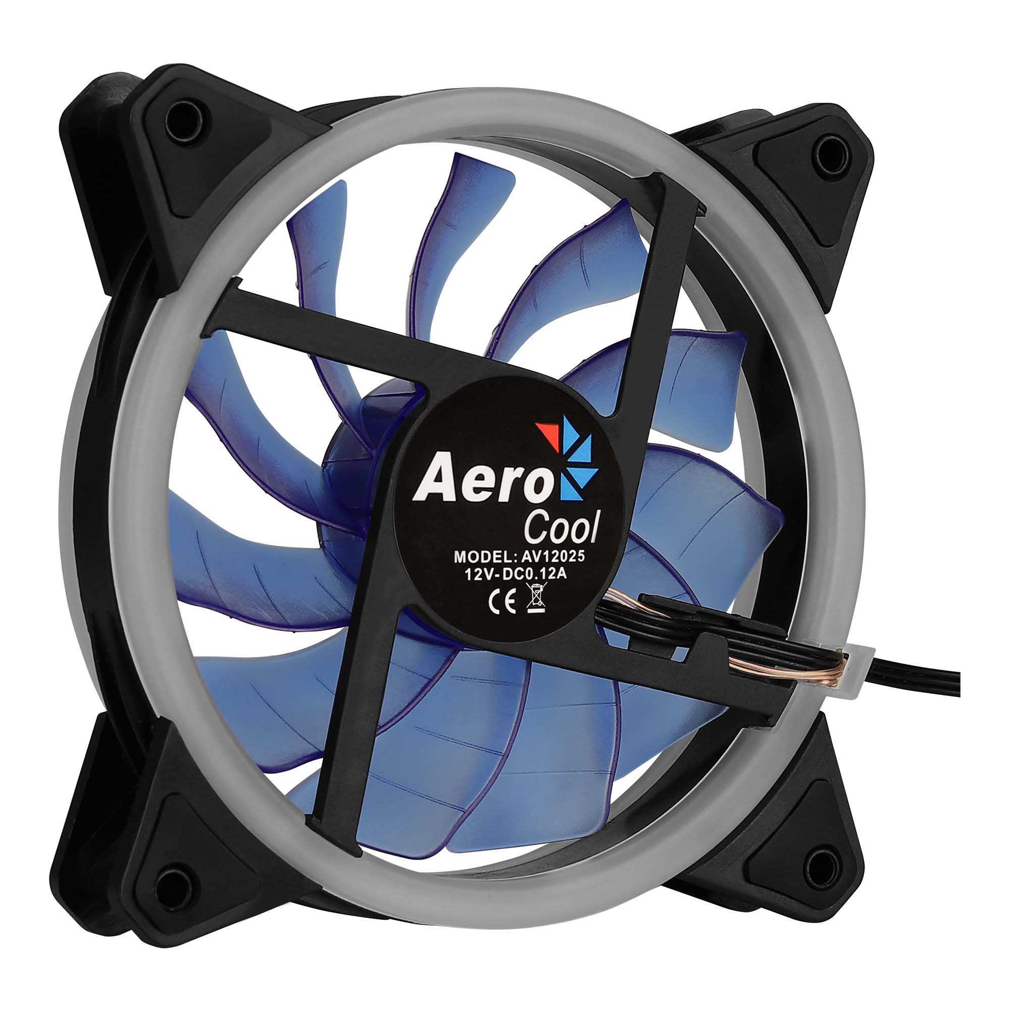 Ventola per computer con pale blu. Logo Aero Cool al centro, circondato da una cornice nera.