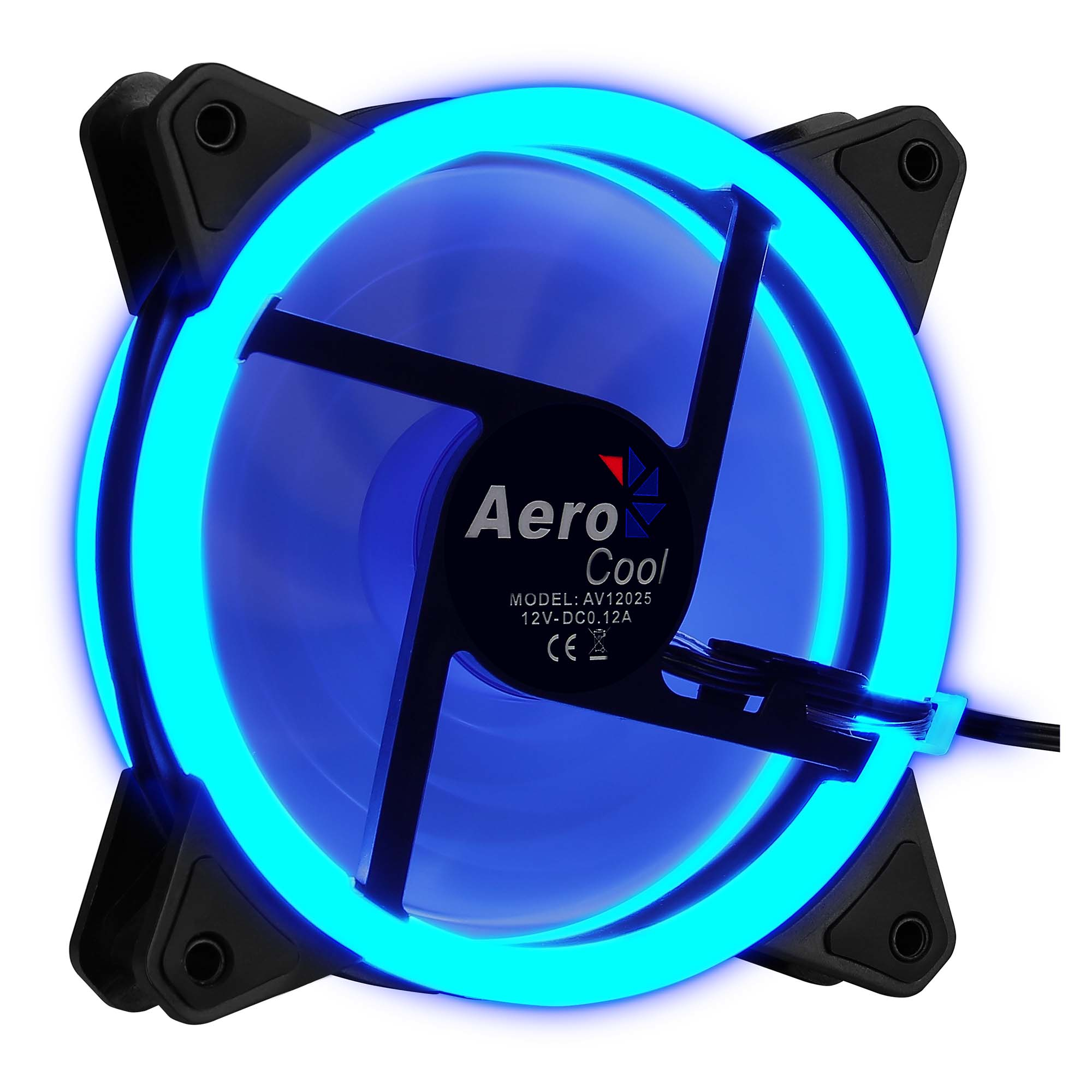 Ventola per computer nera con anello LED blu. Logo Aero Cool al centro. Quattro pale, telaio nero.