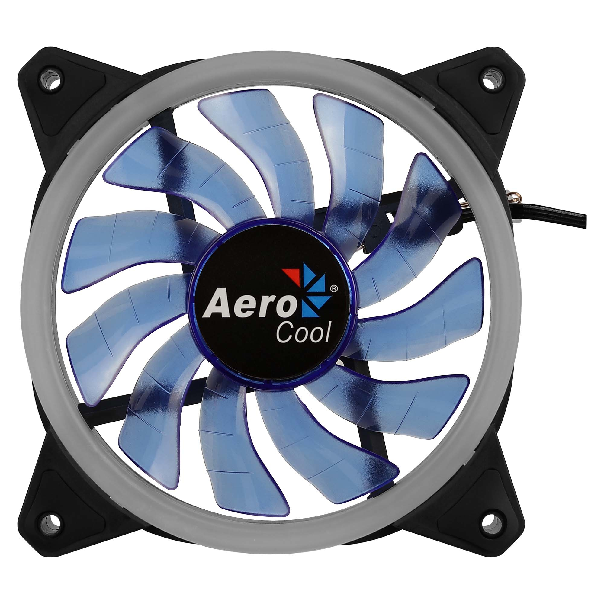 Ventola per computer con pale blu, telaio grigio e logo Aero Cool.