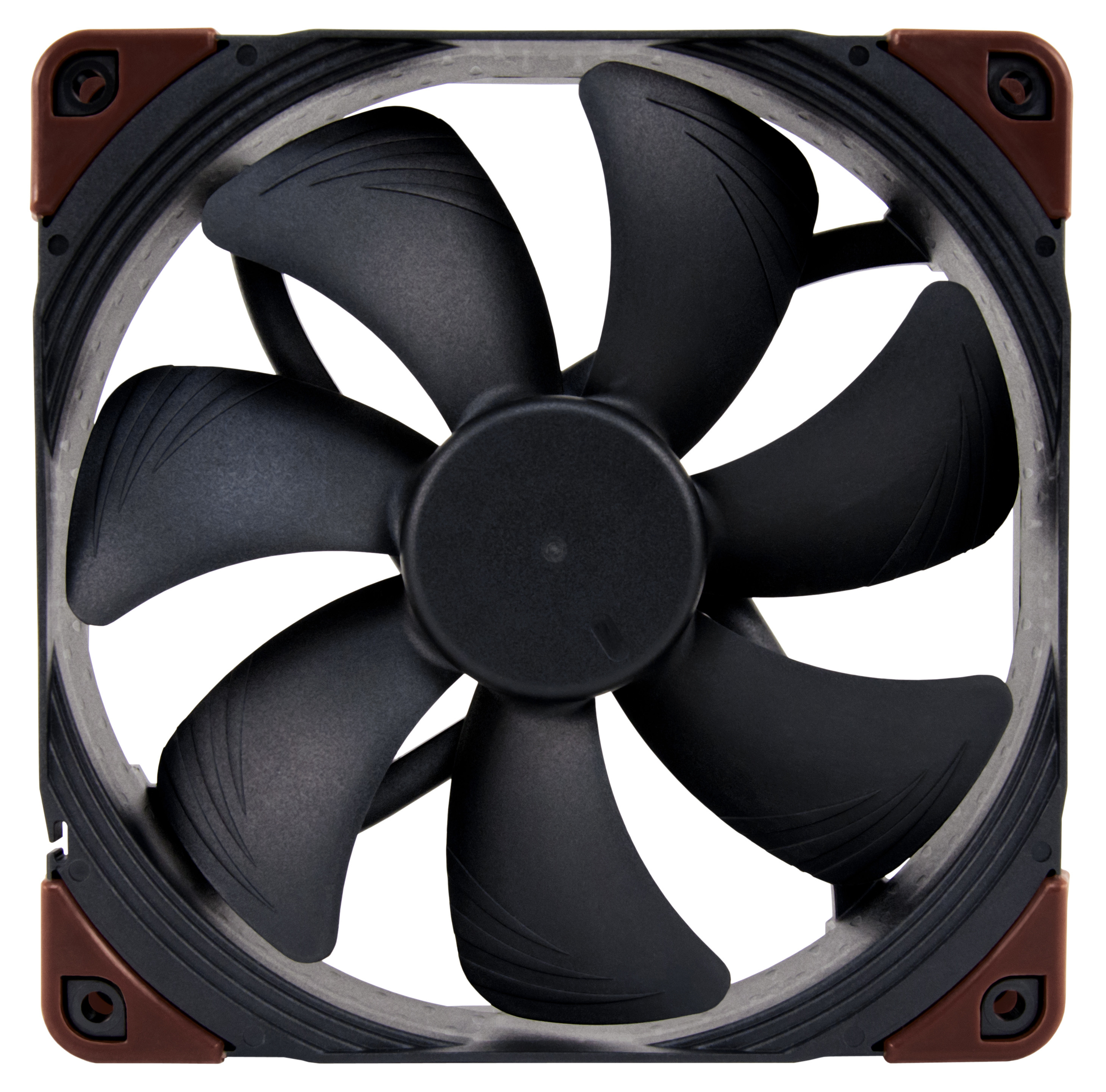 Black computer fan with seven black blades and brown corners. White background.
