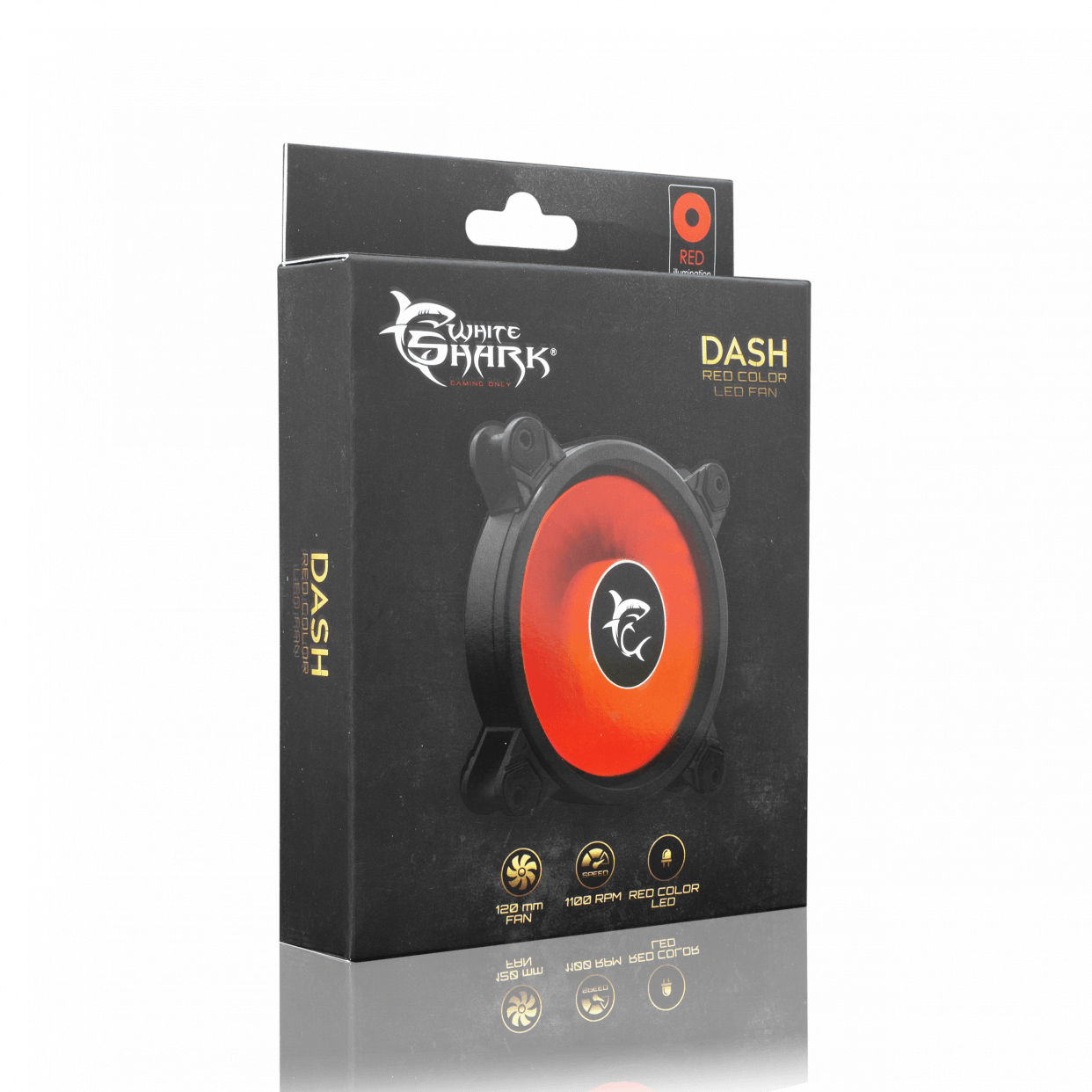 Ventola per PC in scatola con LED rosso, scatola nera, marchio White Shark, ventola visibile.