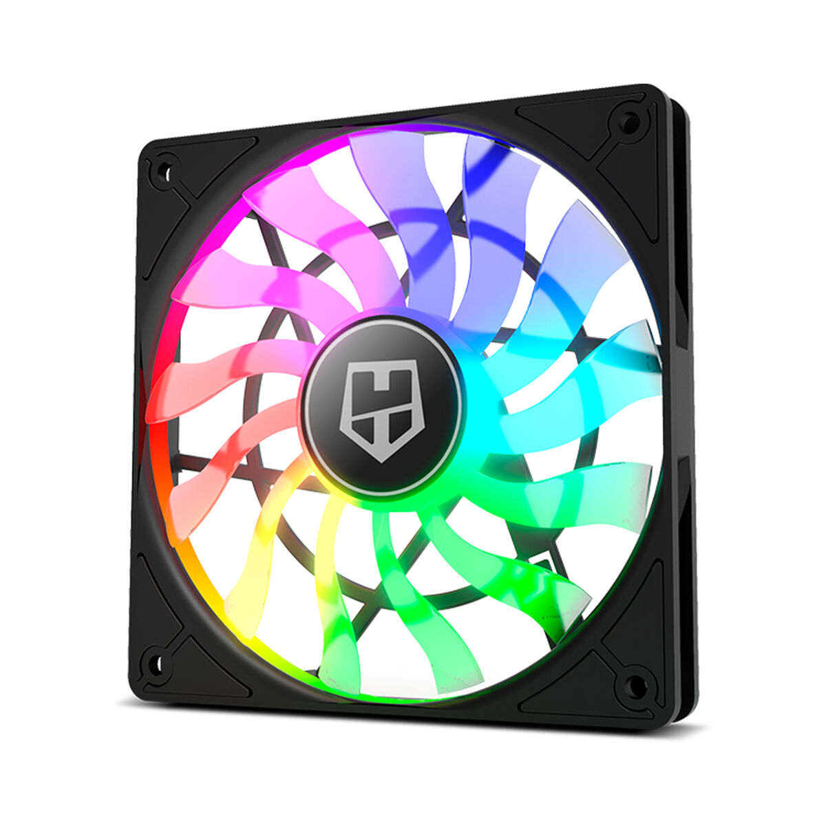 Ventilador de ordenador negro con luces LED arcoíris. Fondo blanco.