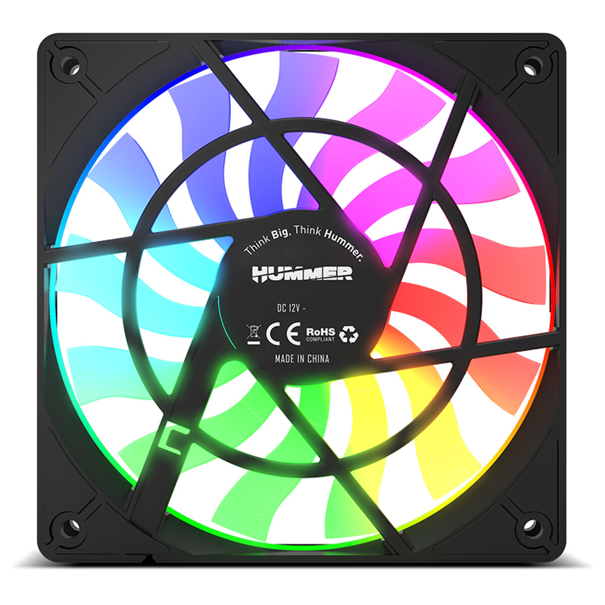 Ventilador PC con diseño de aspas arcoíris. Marco negro, hecho en China.